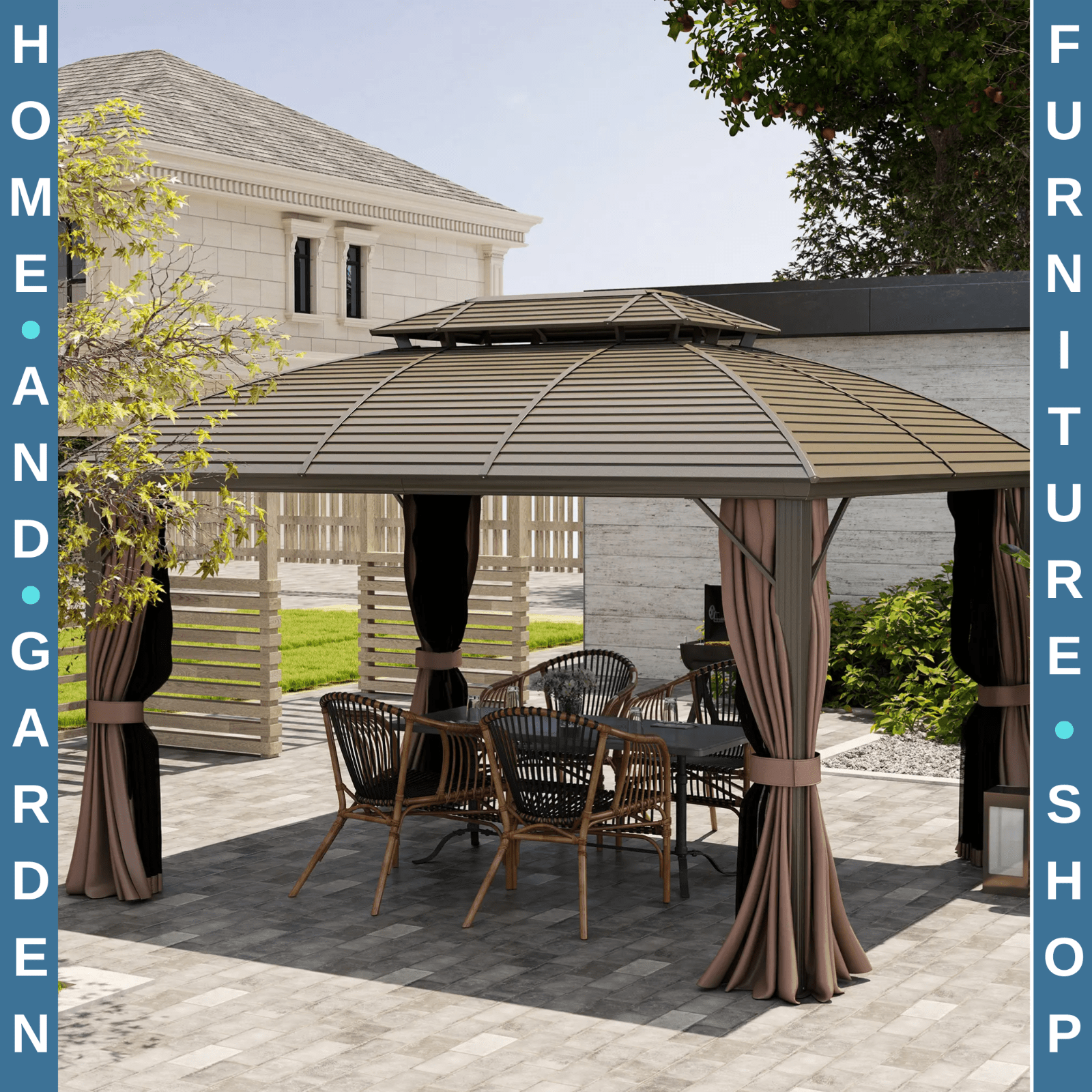 Heavy Duty Outdoor Metal Gazebo with Hardtop Double Roof Brown Sides 3.65 x 3m - Home and Garden Furniture Shop - rustic - furniture