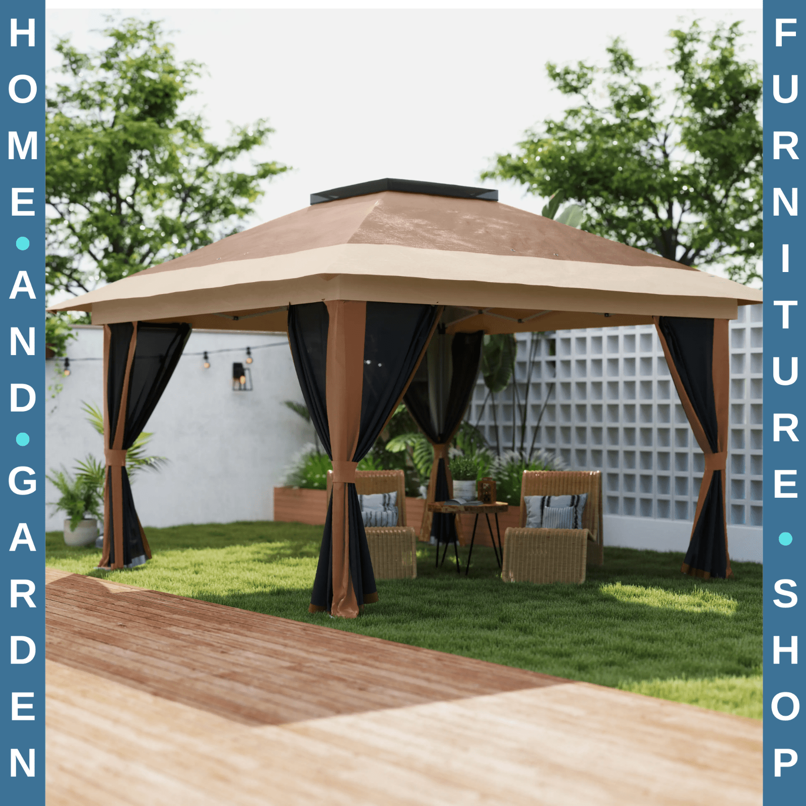 Heavy Duty Pop Up Gazebo with Netting Curtains 3.6 x 3.6m Garden Marquee Beige - Home and Garden Furniture Shop - rustic - furniture