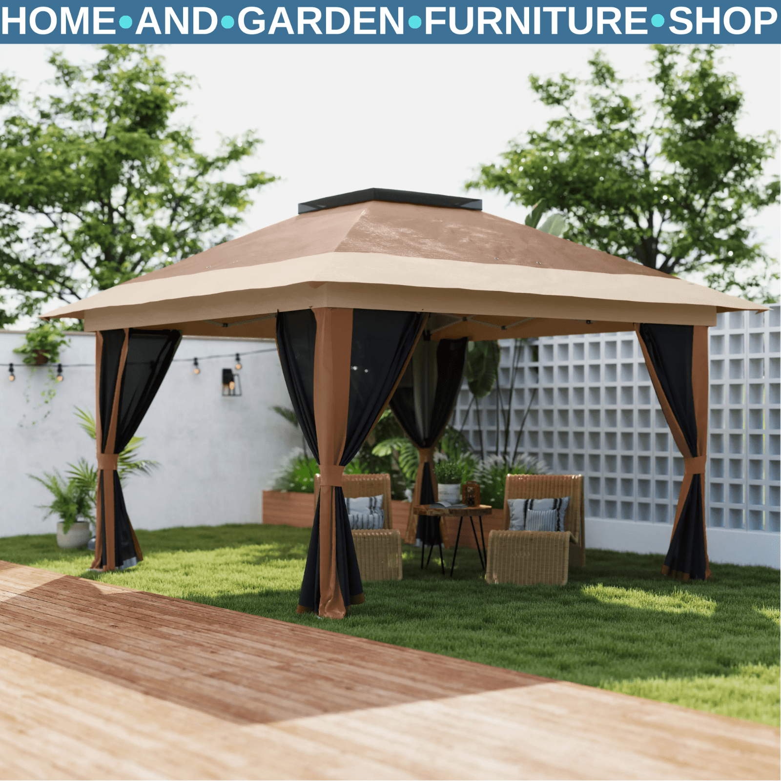 Heavy Duty Pop Up Gazebo with Netting Curtains 3.6 x 3.6m Garden Marquee Beige - Home and Garden Furniture Shop - rustic - furniture