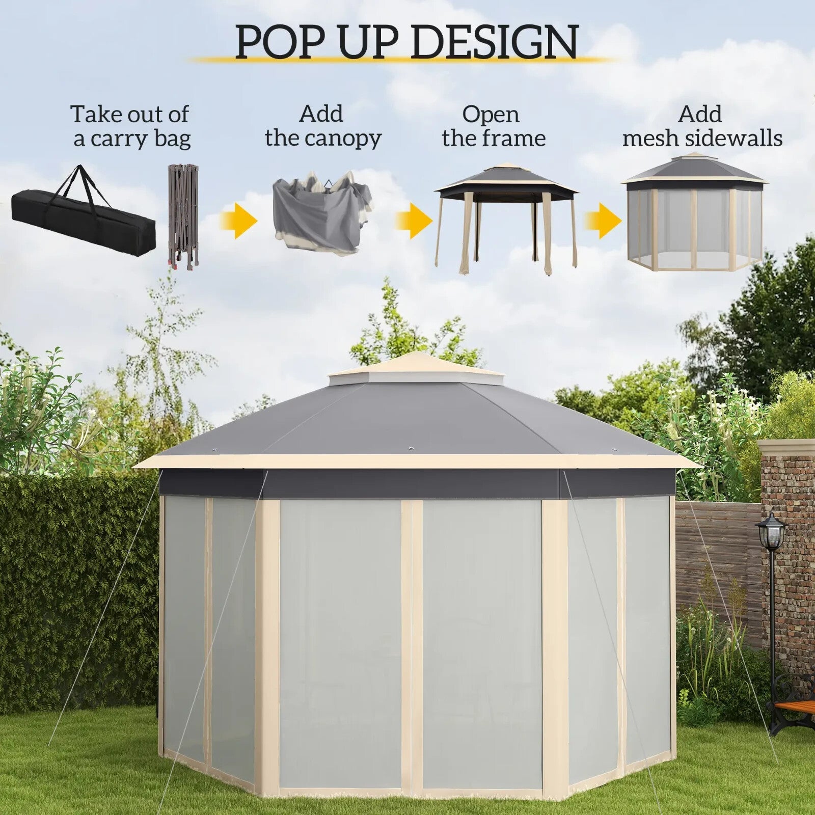 Hexagon Garden Pop Up Gazebo Mesh Curtains 3x4m Outdoor Patio Shelter Party Tent - Home and Garden Furniture Shop - rustic - furniture