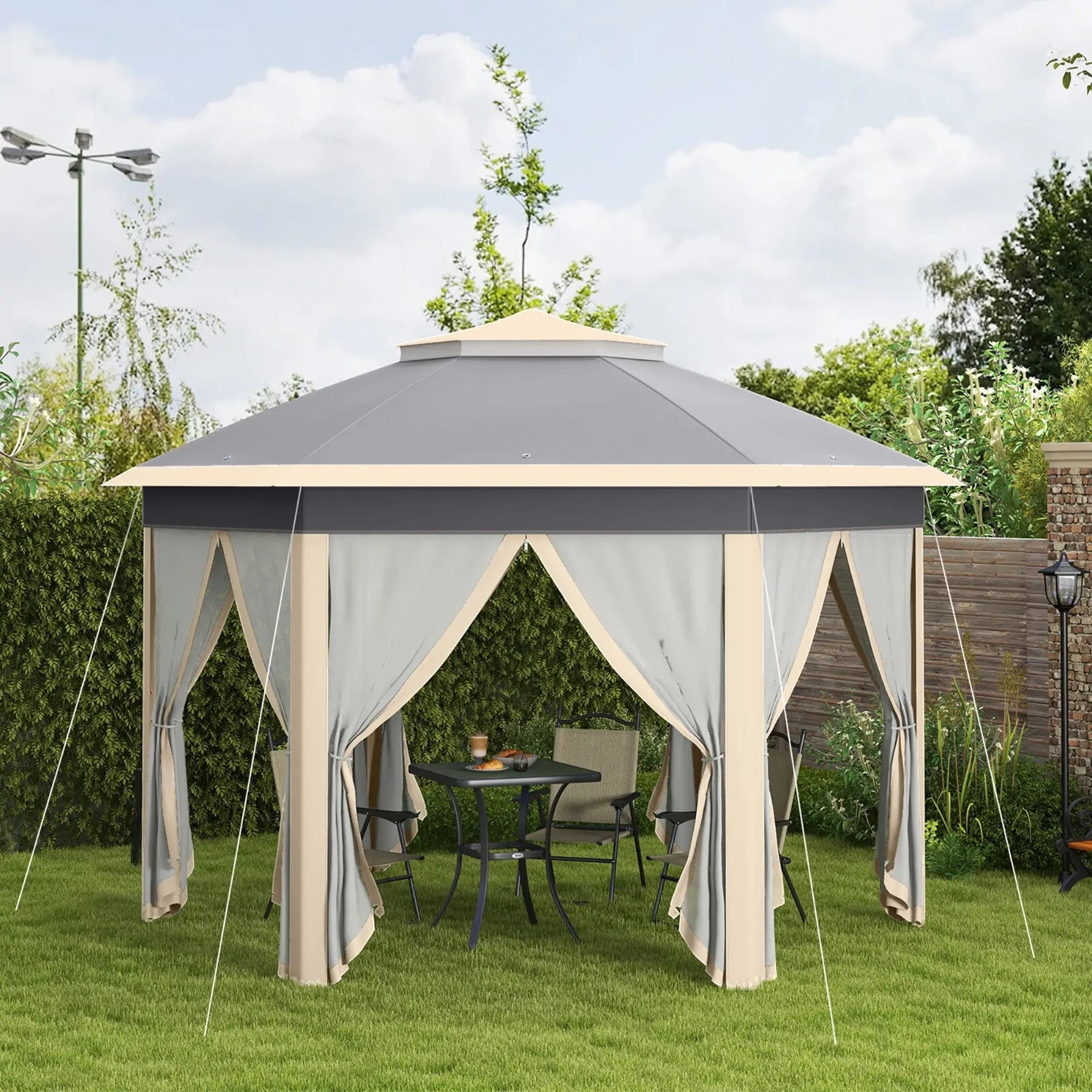Hexagon Garden Pop Up Gazebo Mesh Curtains 3x4m Outdoor Patio Shelter Party Tent - Home and Garden Furniture Shop - rustic - furniture