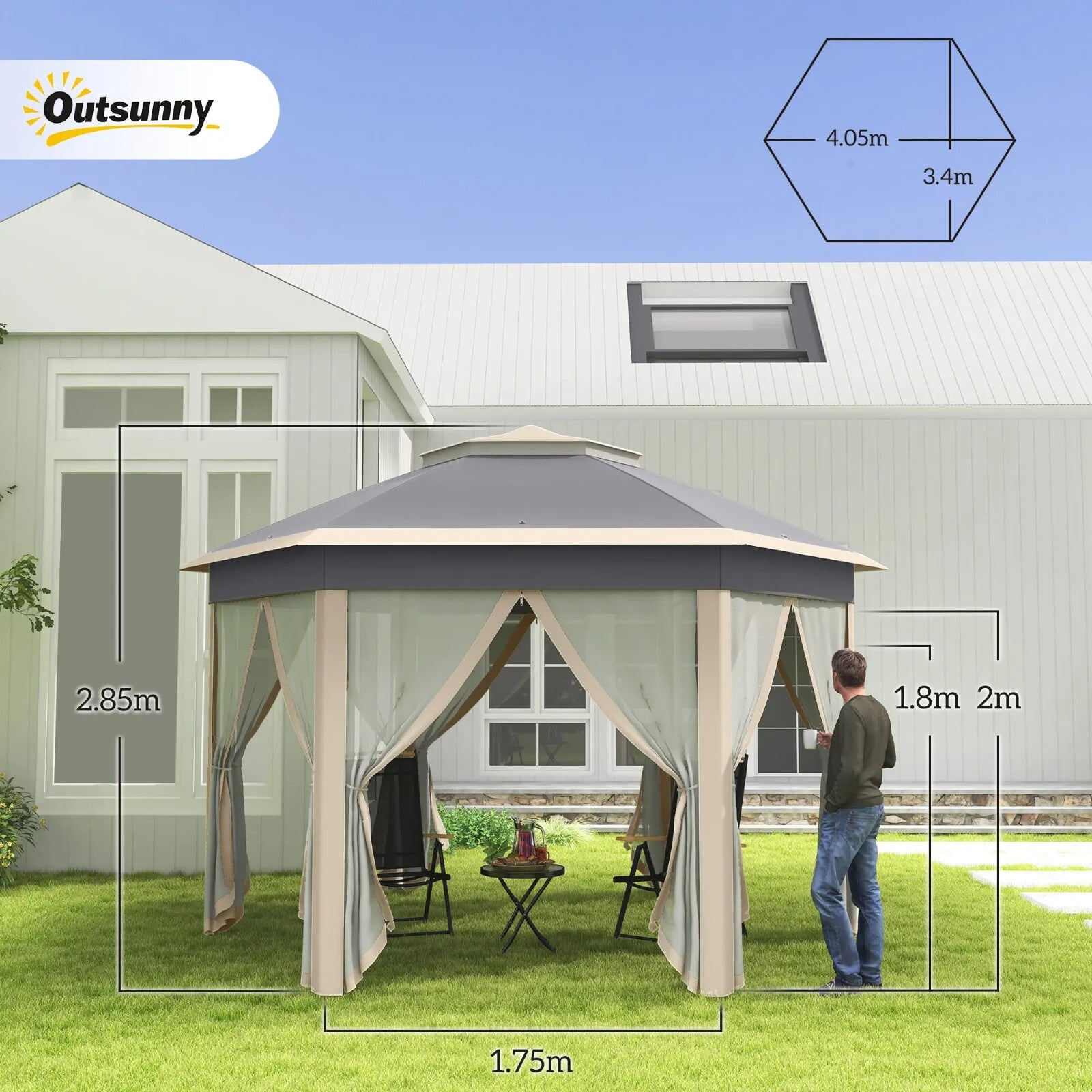 Hexagon Garden Pop Up Gazebo Mesh Curtains 3x4m Outdoor Patio Shelter Party Tent - Home and Garden Furniture Shop - rustic - furniture