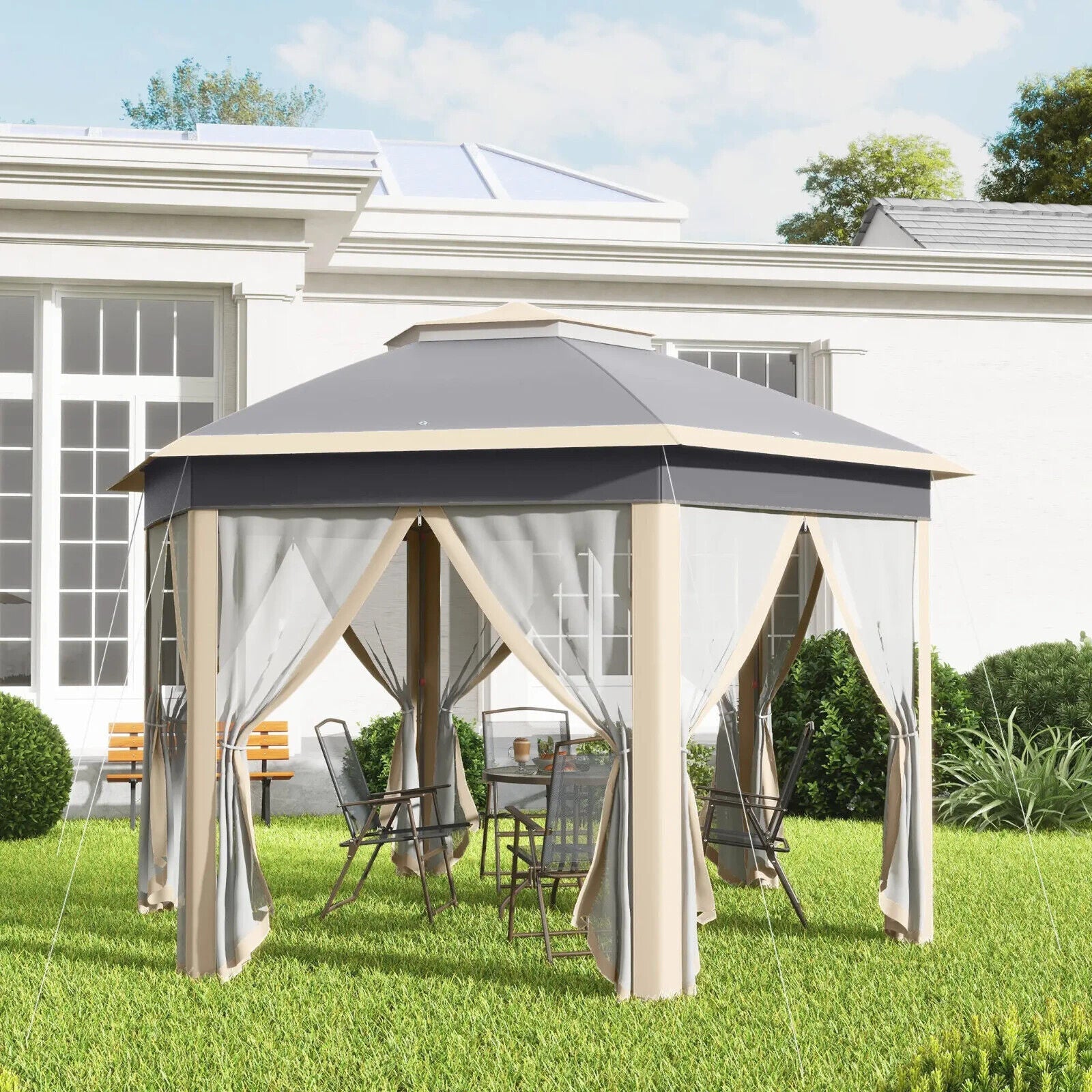 Hexagon Garden Pop Up Gazebo Mesh Curtains 3x4m Outdoor Patio Shelter Party Tent - Home and Garden Furniture Shop - #rustic - furniture#