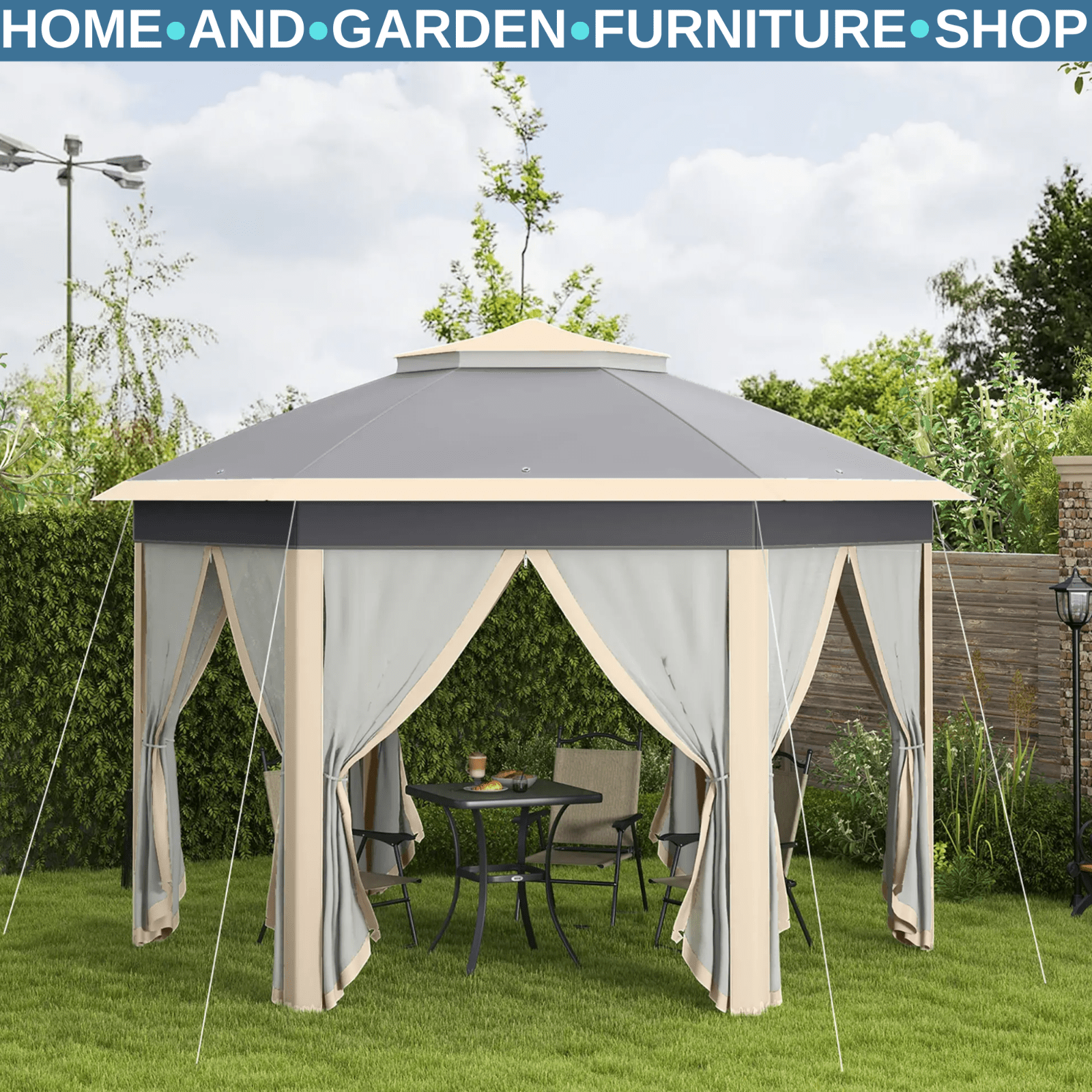 Hexagon Garden Pop Up Gazebo Mesh Curtains 3x4m Outdoor Patio Shelter Party Tent - Home and Garden Furniture Shop - rustic - furniture