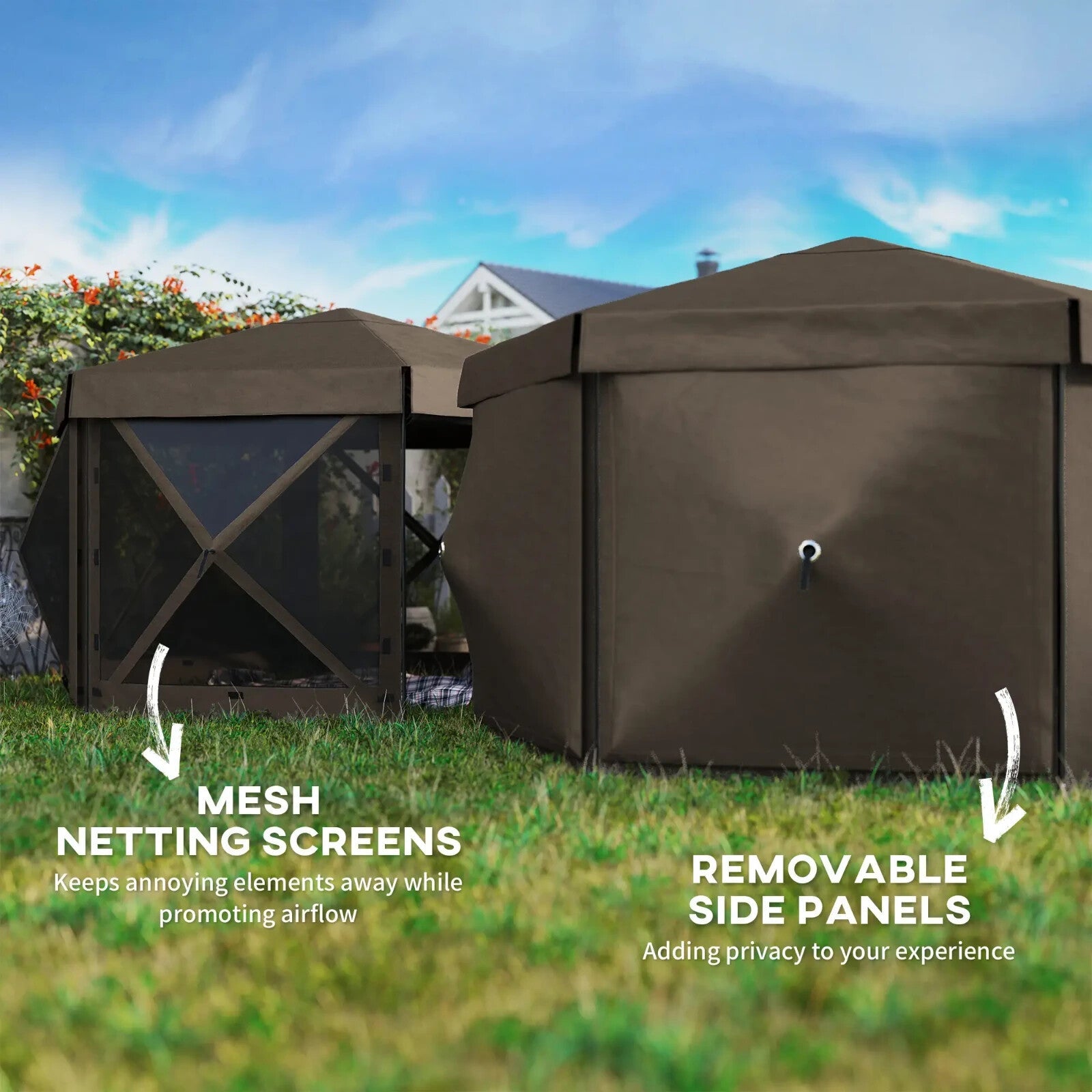 Hexagon Pop Up Gazebo with 5 Sides Netting Brown 3 x 3(m) Camping Shelter Cover - Home and Garden Furniture Shop - rustic - furniture