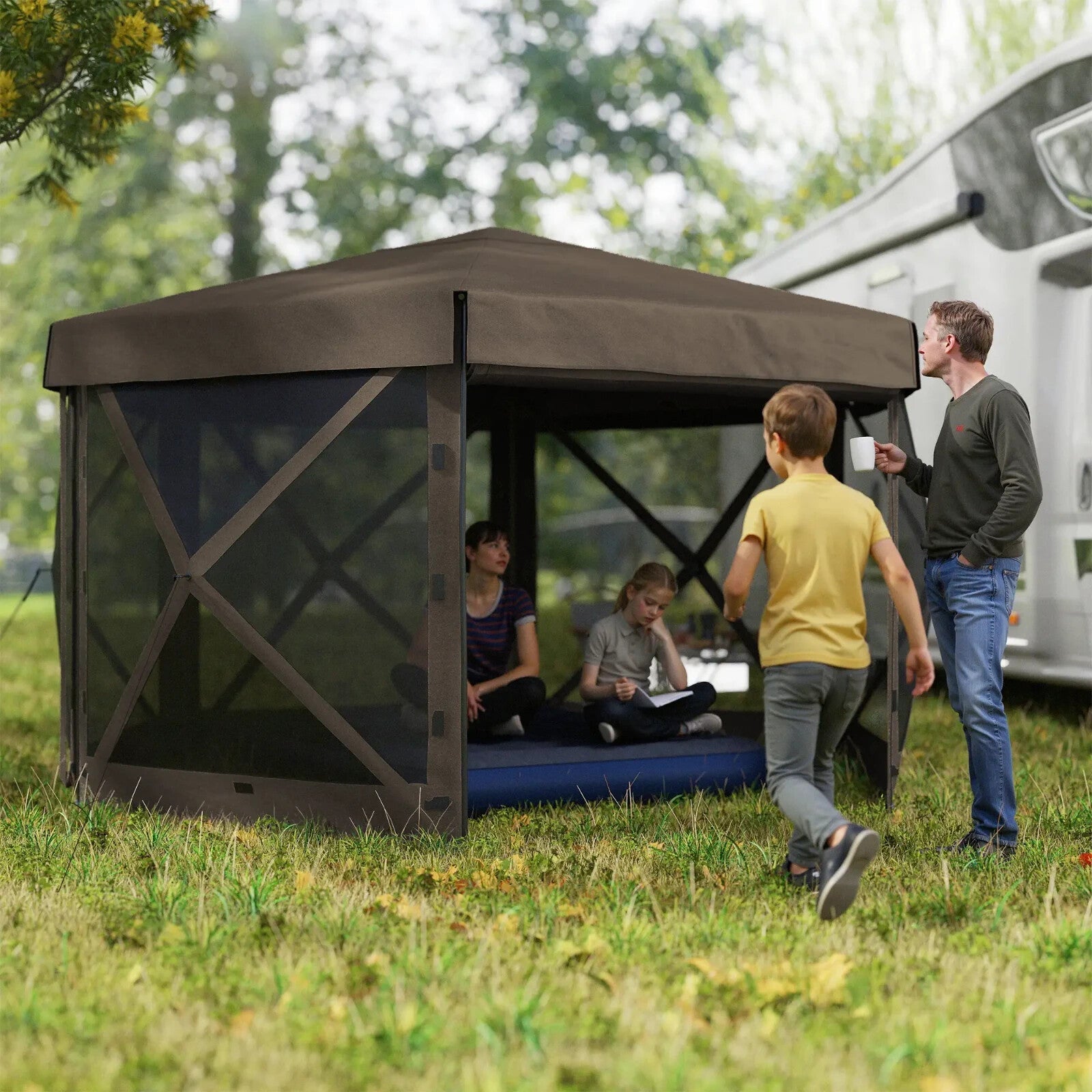 Hexagon Pop Up Gazebo with 5 Sides Netting Brown 3 x 3(m) Camping Shelter Cover - Home and Garden Furniture Shop - rustic - furniture