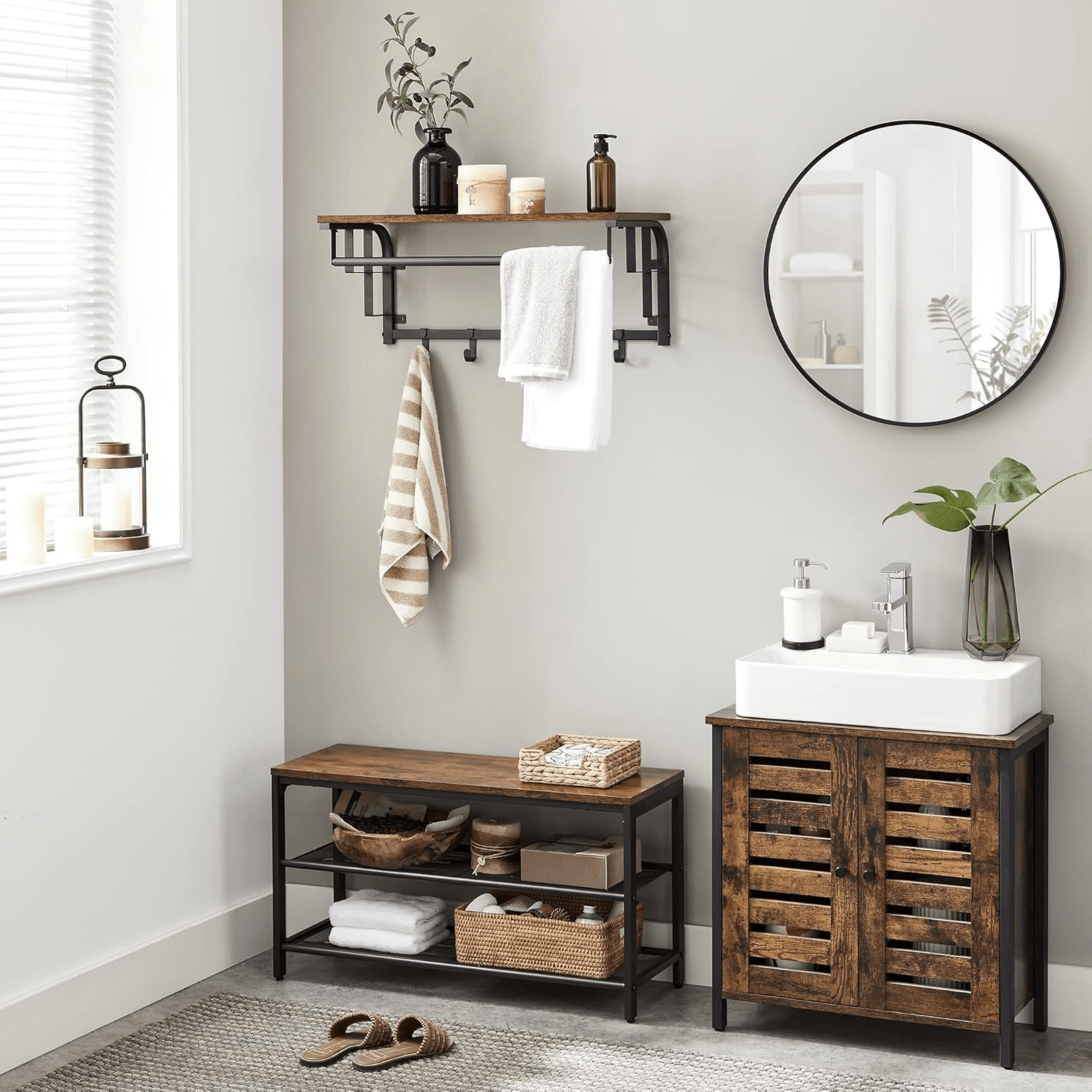 Industrial Coat Rack Hanging Rail Wall Mounted 5 Hooks Rustic Brown Shelf Hats - Home and Garden Furniture Shop - rustic - furniture