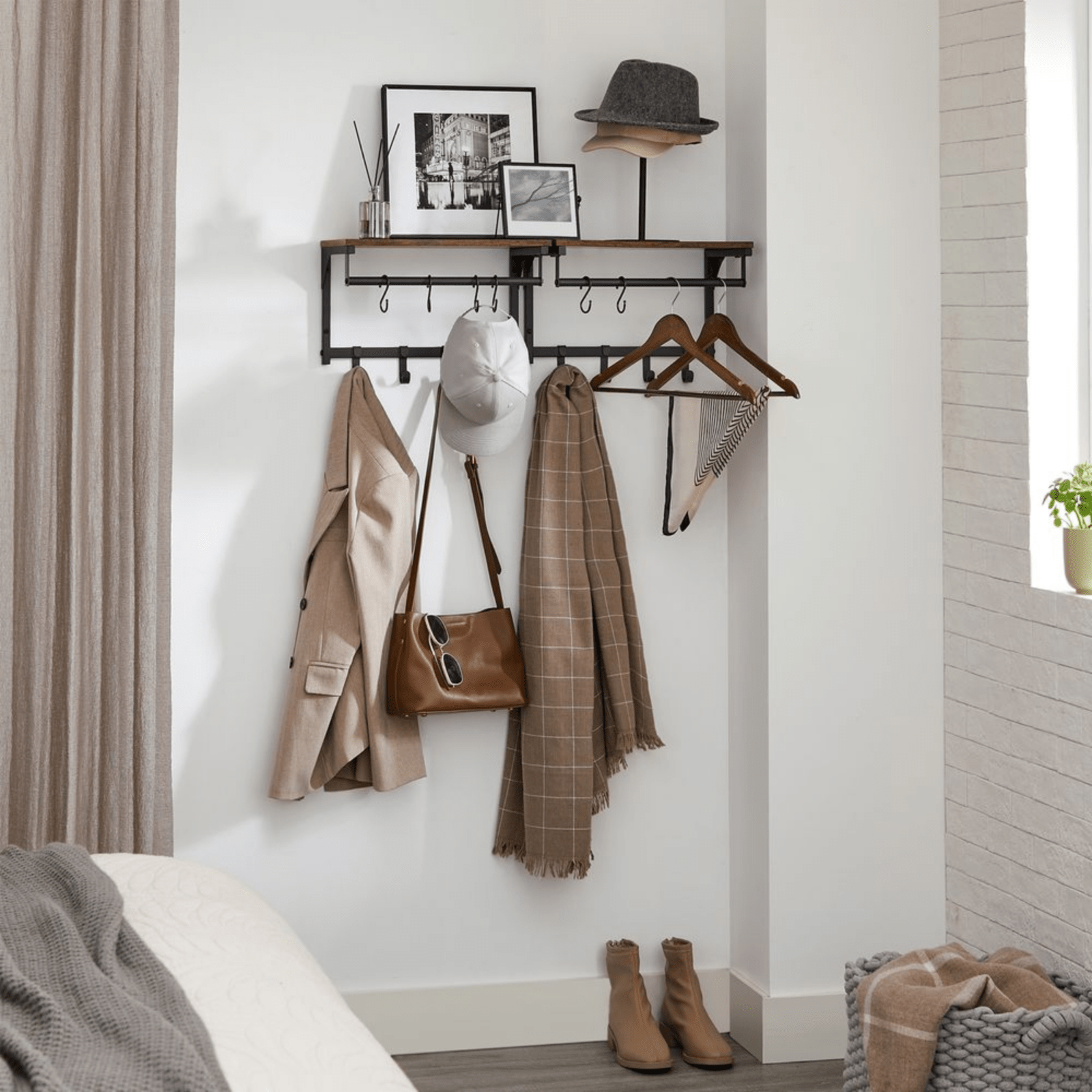 Industrial Coat Rack Hanging Rail Wall Mounted 8 Hooks Rustic Brown Shelf Hats - Home and Garden Furniture Shop - #rustic - furniture#