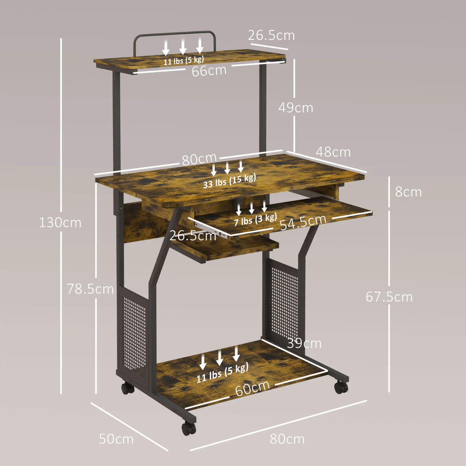 Industrial Computer Desk on Wheels Keyboard Tray Storage Shelves Rustic Brown - Home and Garden Furniture Shop - #rustic - furniture#