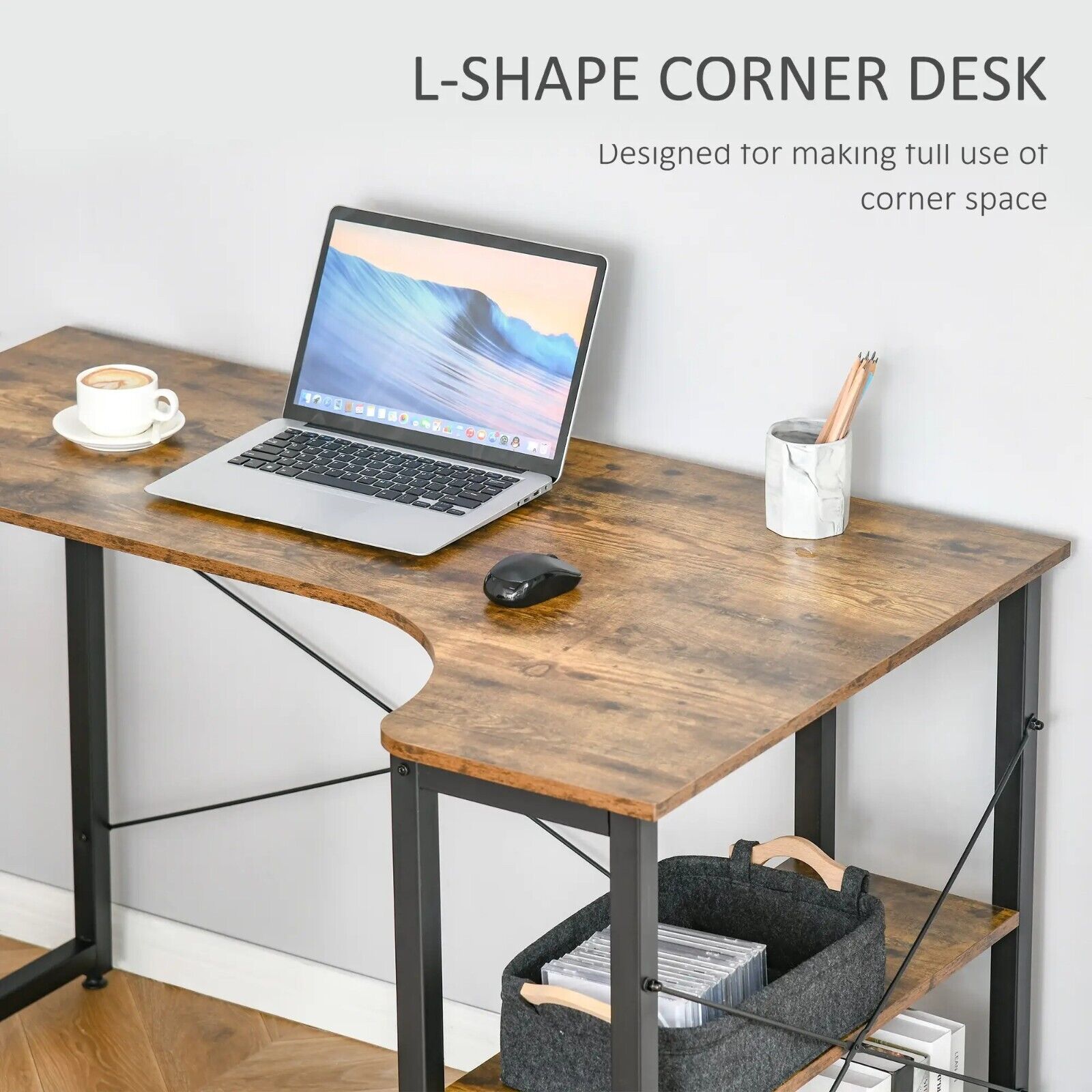 Industrial Corner Computer Desk Home Office L Desk 2 Shelves Steel Frame Rustic - Home and Garden Furniture Shop - #rustic - furniture#