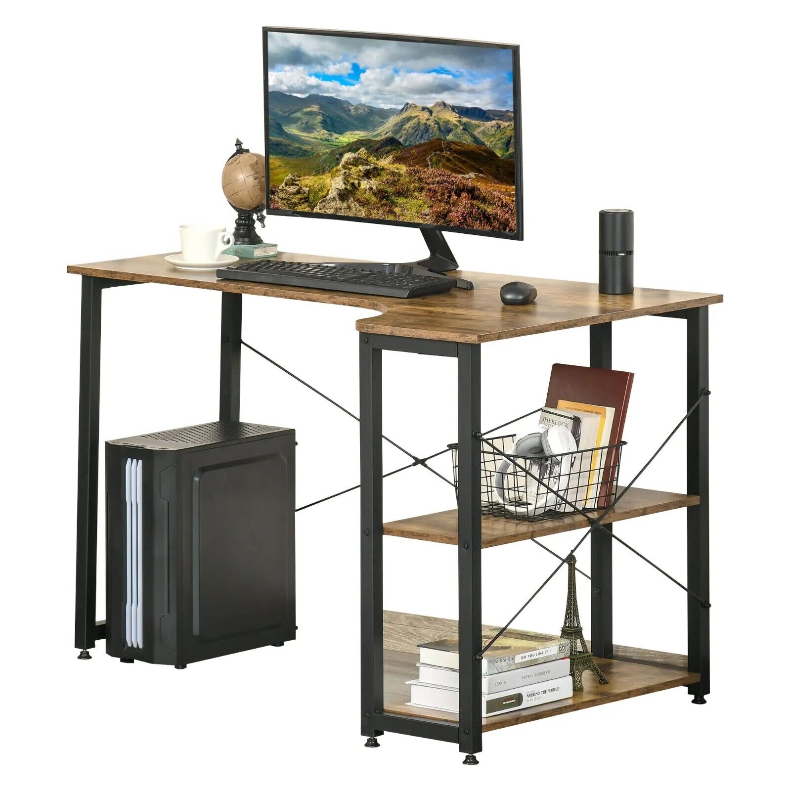 Industrial Corner Computer Desk Home Office L Desk 2 Shelves Steel Frame Rustic - Home and Garden Furniture Shop - #rustic - furniture#