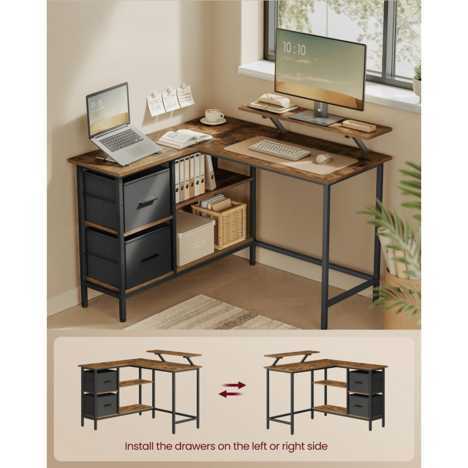 Industrial L Shaped Computer Desk with Drawers Rustic Brown Desk Monitor Stand - Home and Garden Furniture Shop - #rustic - furniture#