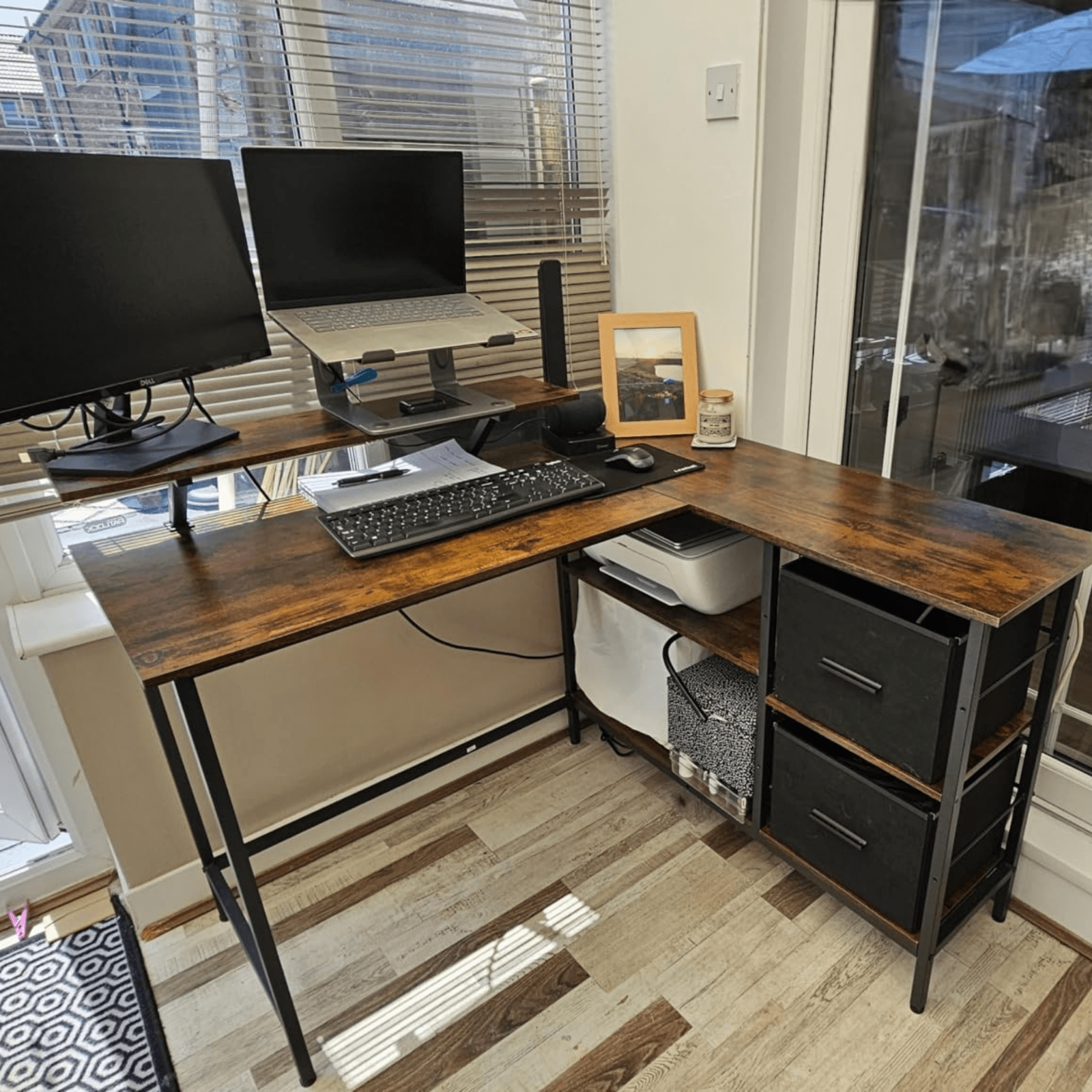 Industrial L Shaped Computer Desk with Drawers Rustic Brown Desk Monitor Stand - Home and Garden Furniture Shop - #rustic - furniture#