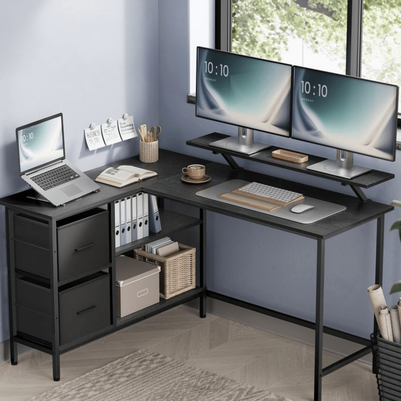 Industrial L Shaped Computer Desk with Drawers Rustic Brown Desk Monitor Stand - Home and Garden Furniture Shop - rustic - furniture