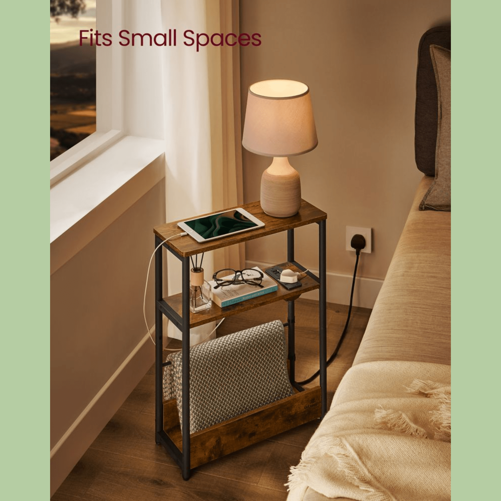 Industrial Narrow Sofa Side Table Shelf Plug Socket USB Rustic Bedside End Table - Home and Garden Furniture Shop - rustic - furniture