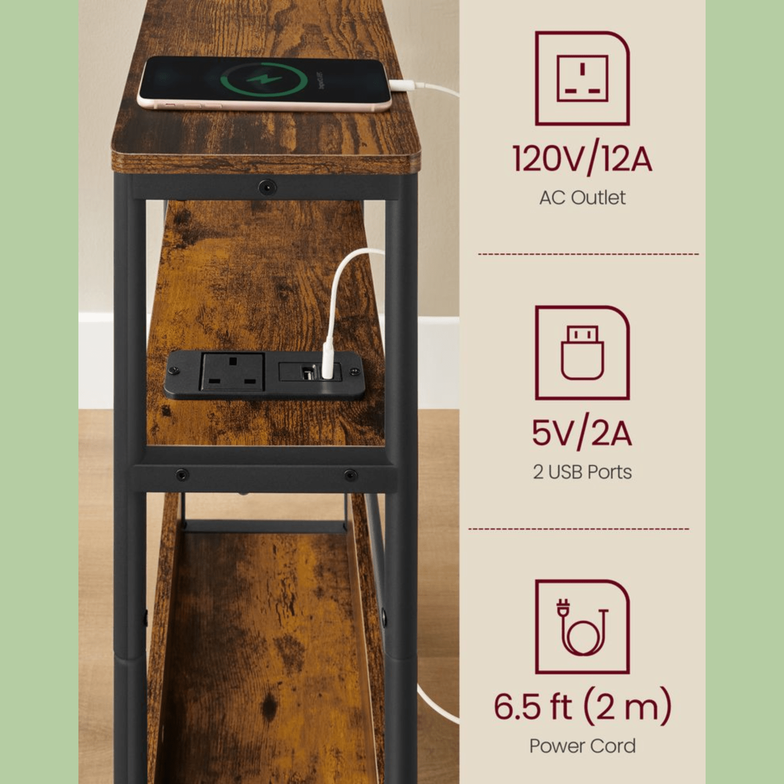 Industrial Narrow Sofa Side Table Shelf Plug Socket USB Rustic Bedside End Table - Home and Garden Furniture Shop - rustic - furniture