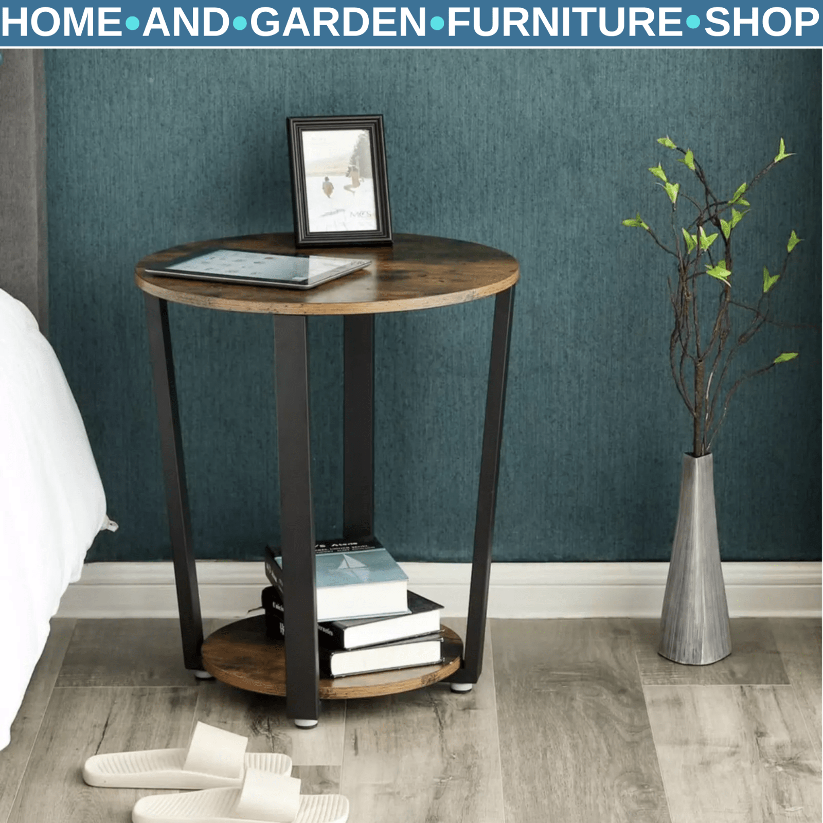 Industrial Round Coffee Table Side Table Sofa End Shelf Living Room Metal Legs - Home and Garden Furniture Shop - rustic - furniture