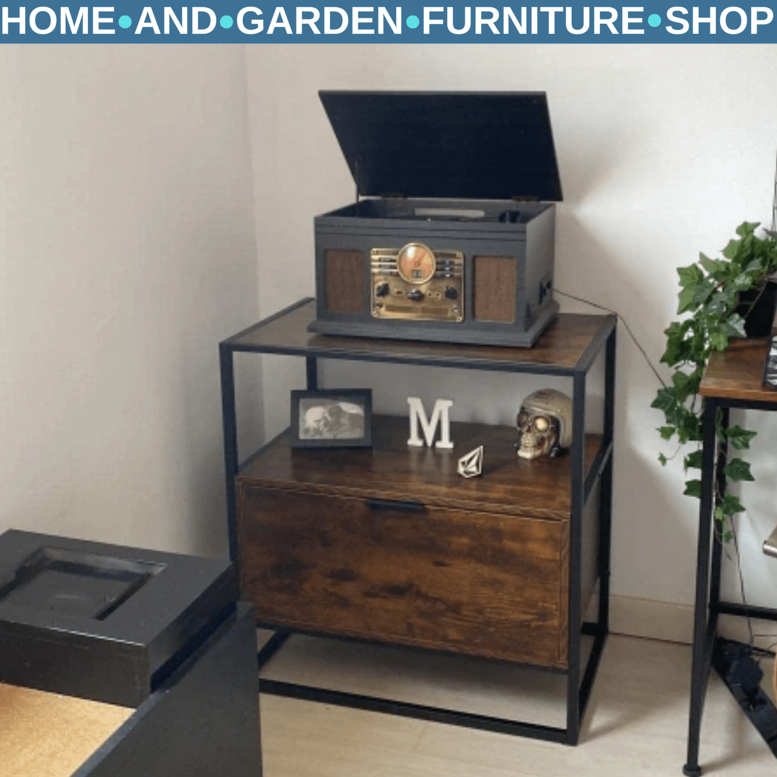 Industrial Side Table Retro Storage Unit with Metal Legs Large Drawer Open Shelf - Home and Garden Furniture Shop - rustic - furniture