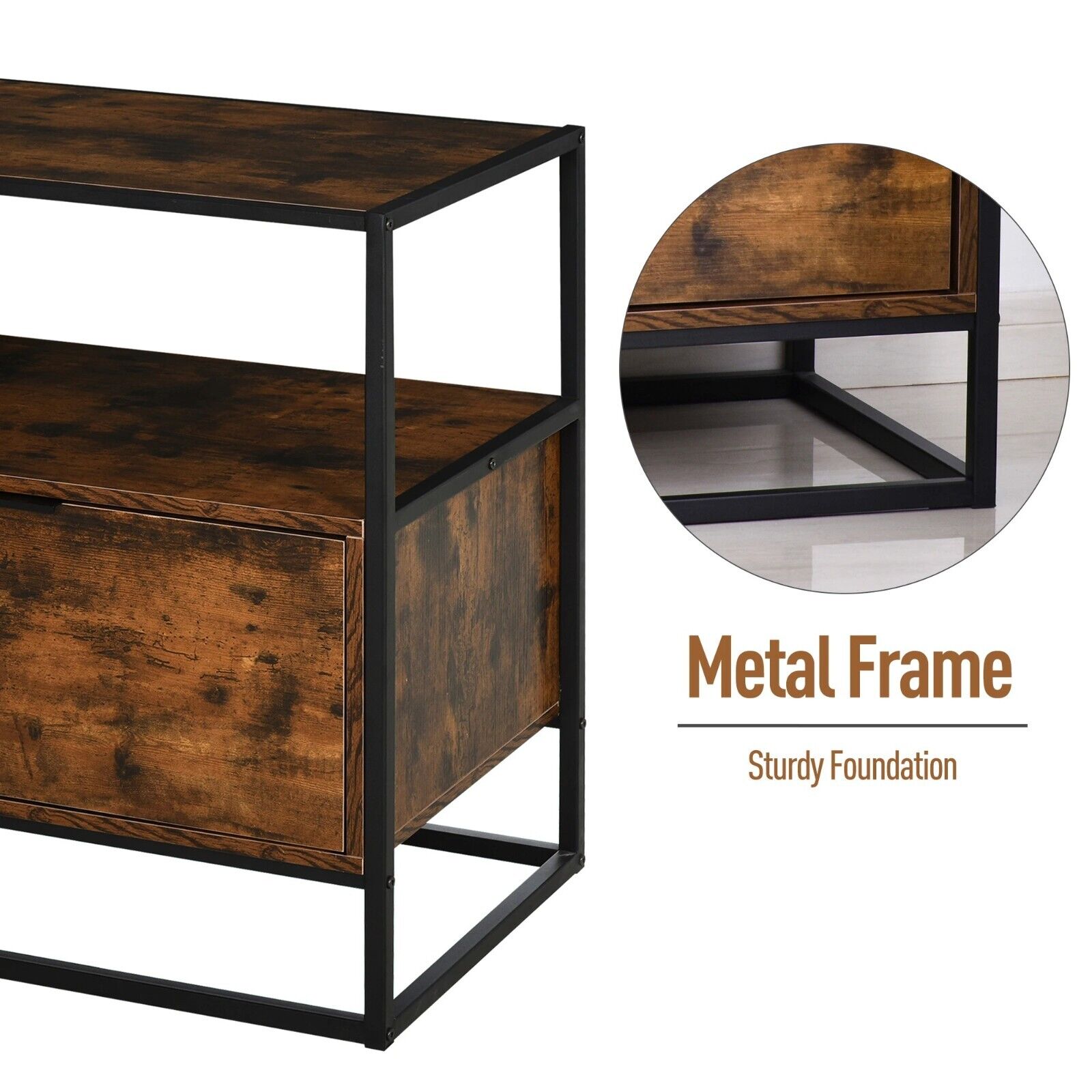 Industrial Side Table Retro Storage Unit with Metal Legs Large Drawer Open Shelf - Home and Garden Furniture Shop - rustic - furniture