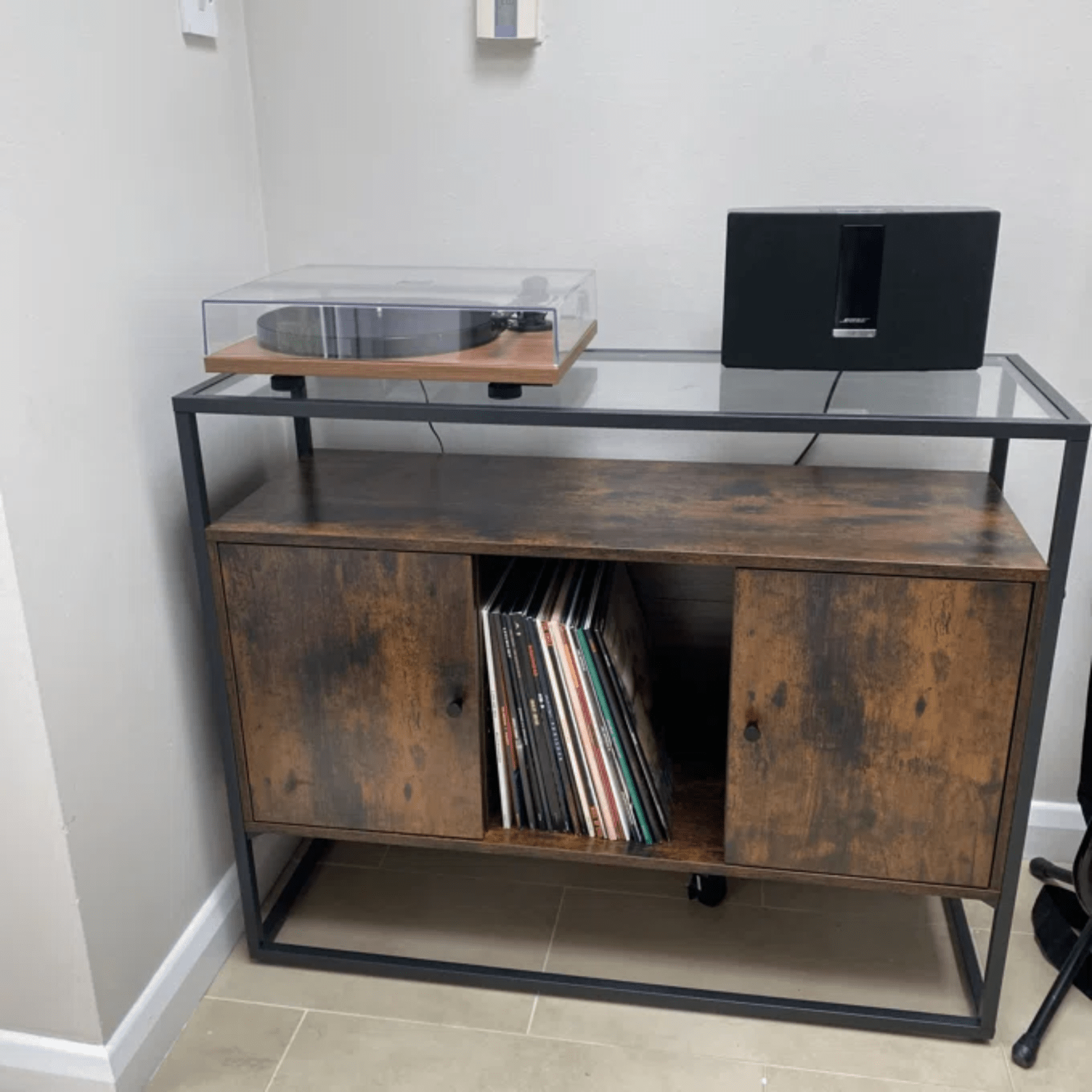 Industrial Sideboard Storage Cabinet Glass Top Rustic Console Table Metal Legs - Home and Garden Furniture Shop - #rustic - furniture#