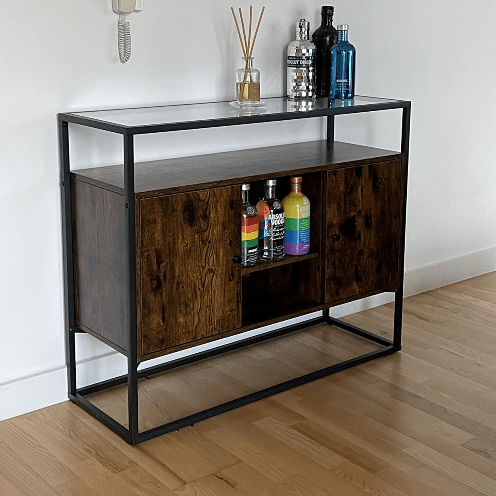 Industrial Sideboard Storage Cabinet Glass Top Rustic Console Table Metal Legs - Home and Garden Furniture Shop - #rustic - furniture#