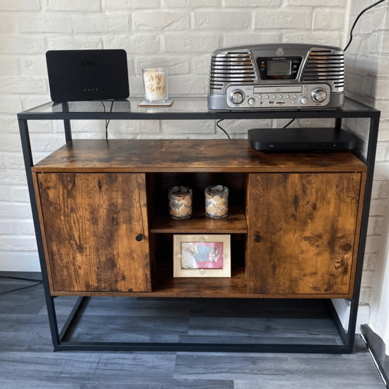 Industrial Sideboard Storage Cabinet Glass Top Rustic Console Table Metal Legs - Home and Garden Furniture Shop - #rustic - furniture#