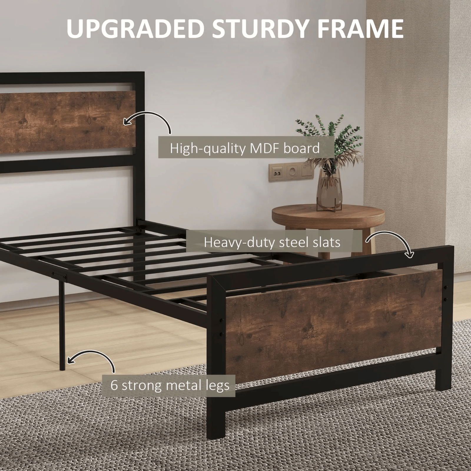 Industrial Single Size Bed Metal Frame Slat Wooden Headboard Footboard Raised - Home and Garden Furniture Shop - #rustic - furniture#