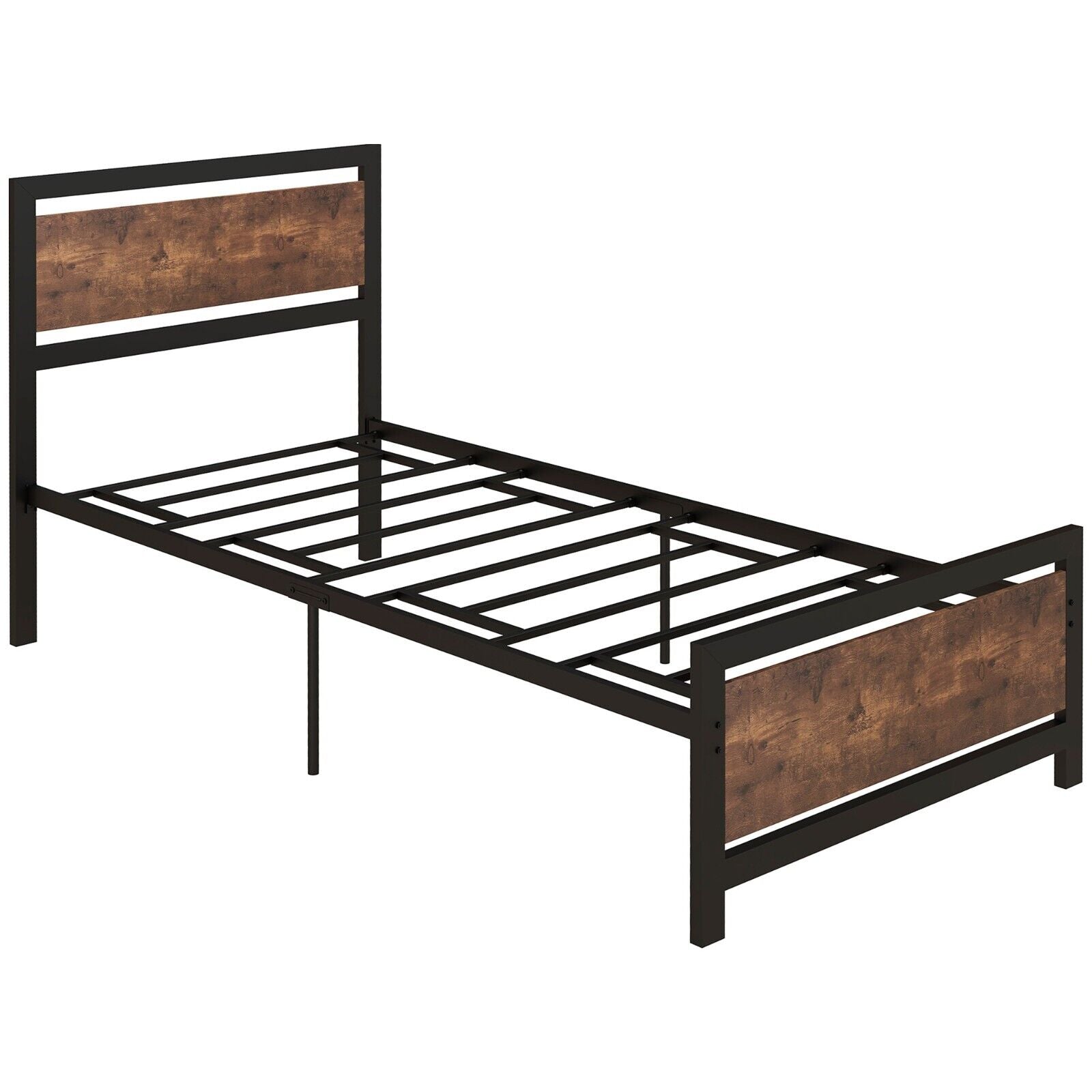 Industrial Single Size Bed Metal Frame Slat Wooden Headboard Footboard Raised - Home and Garden Furniture Shop - #rustic - furniture#