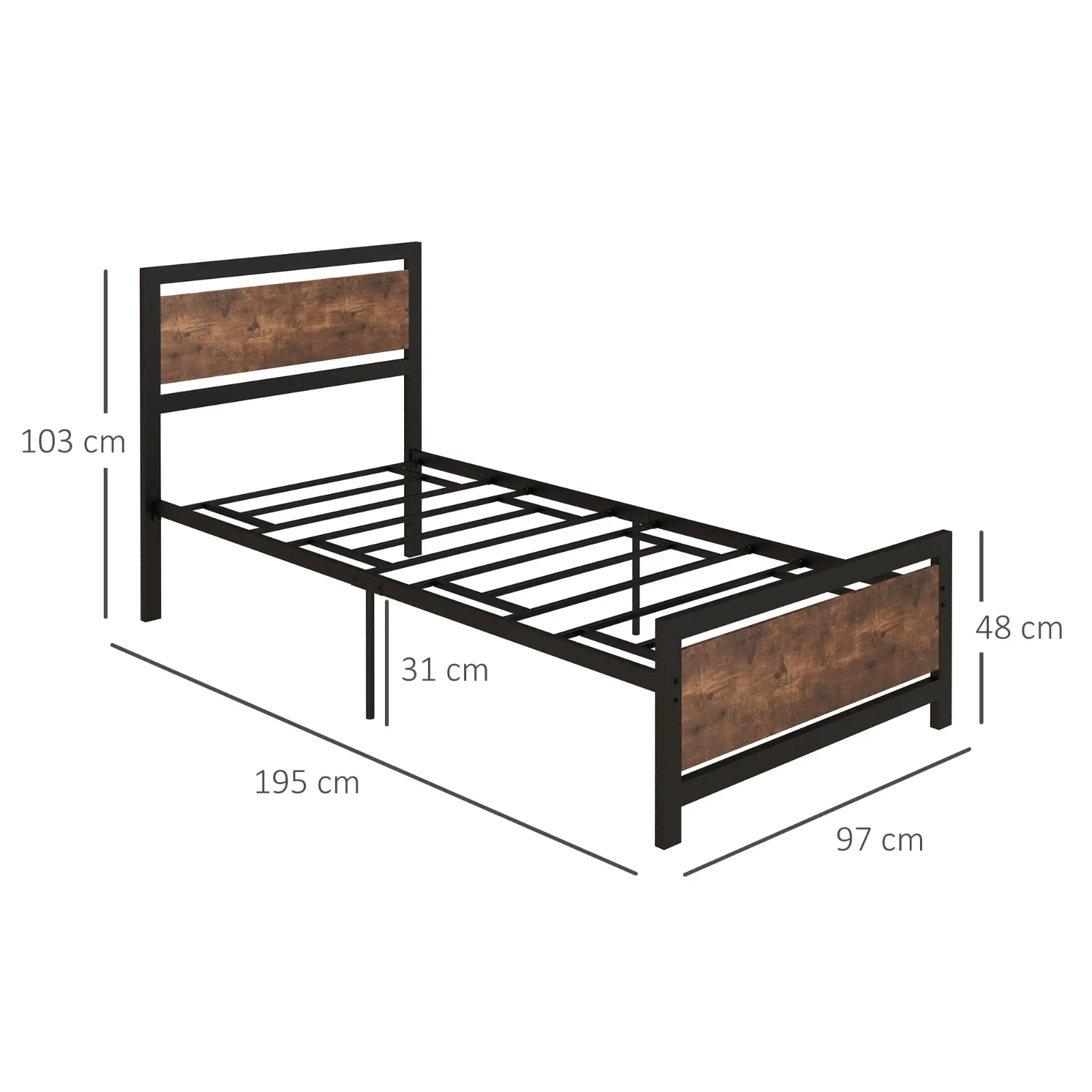 Industrial Single Size Bed Metal Frame Slat Wooden Headboard Footboard Raised - Home and Garden Furniture Shop - #rustic - furniture#