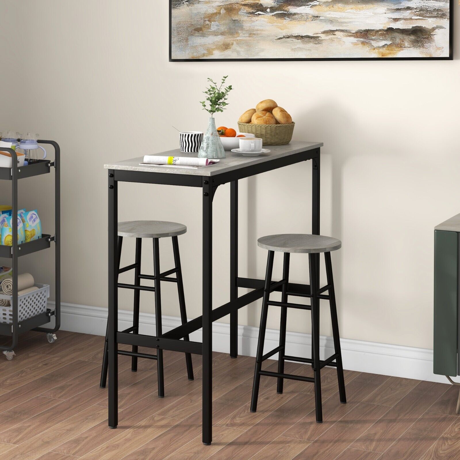 Industrial Space Saving Kitchen Bar Table Stool Set Tall Chair 3pc Metal Frame - Home and Garden Furniture Shop - #rustic - furniture#