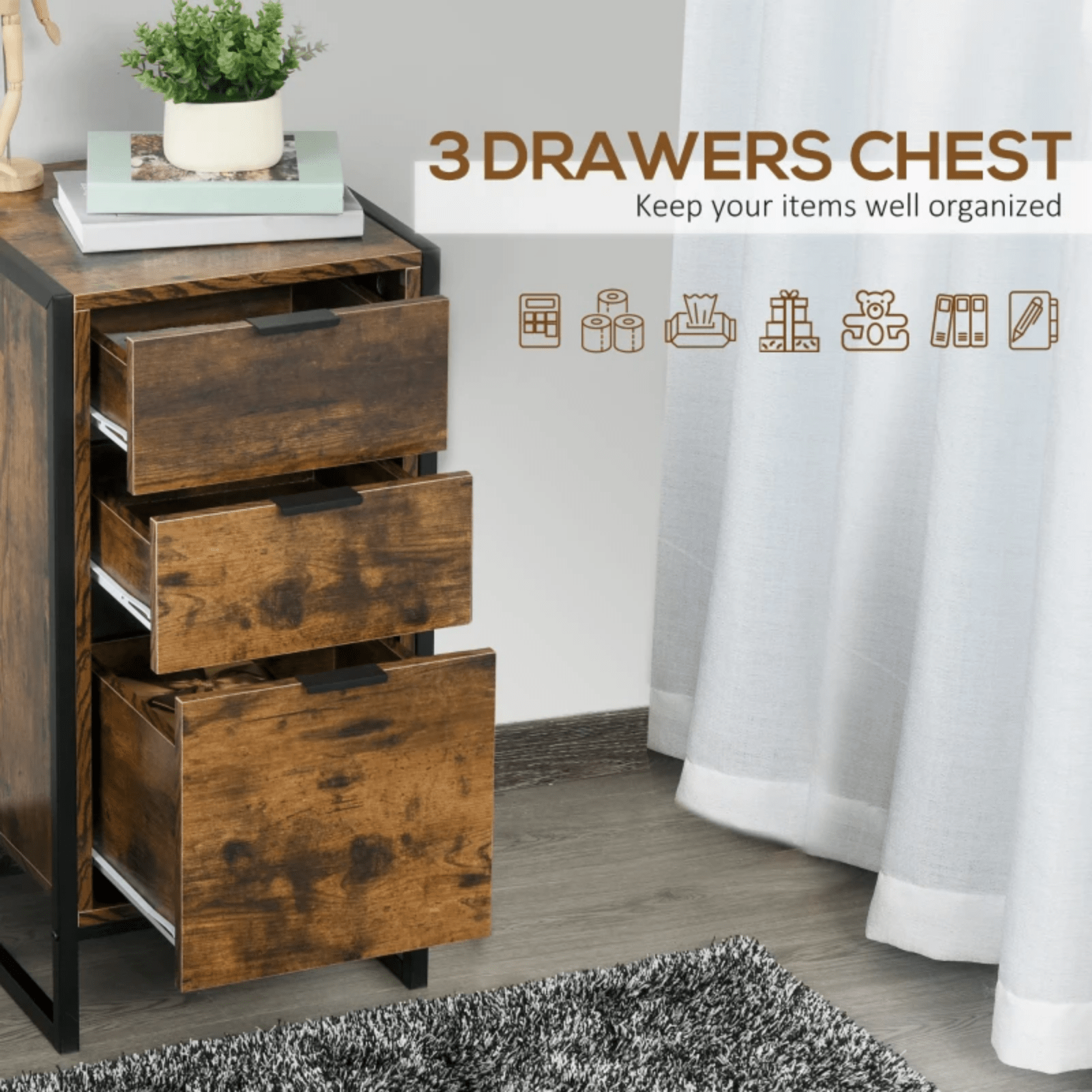 Industrial Storage Cabinet 3 Drawer Chest of Drawers Desk Handles Standing Unit - Home and Garden Furniture Shop - #rustic - furniture#