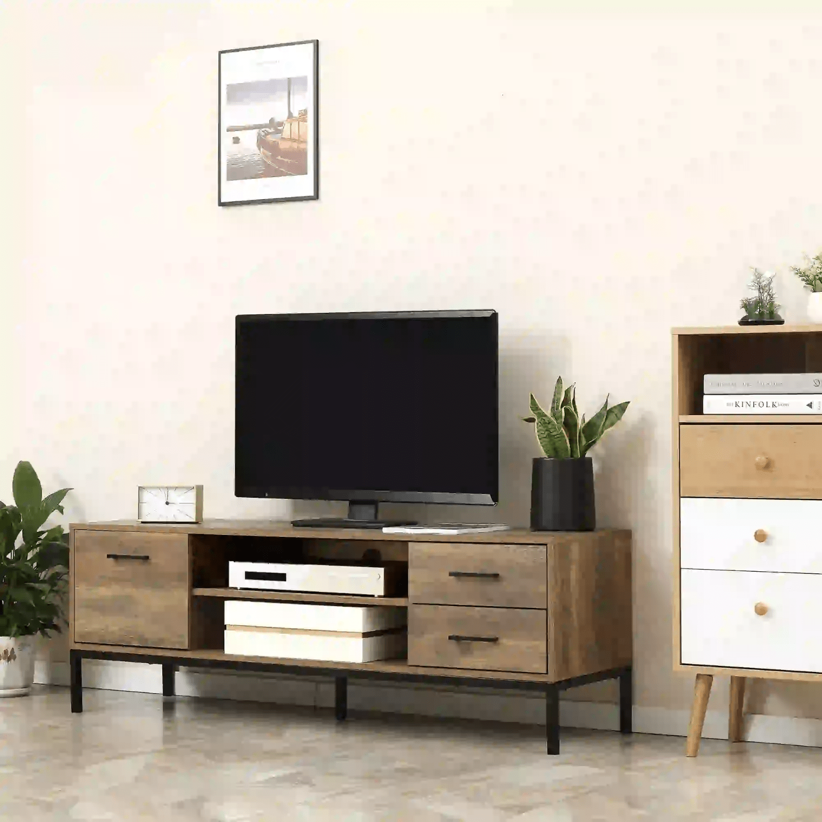 Industrial TV Stand with Cupboard Drawers TV up to 50 Inches TV Unit Metal Legs - Home and Garden Furniture Shop - #rustic - furniture#