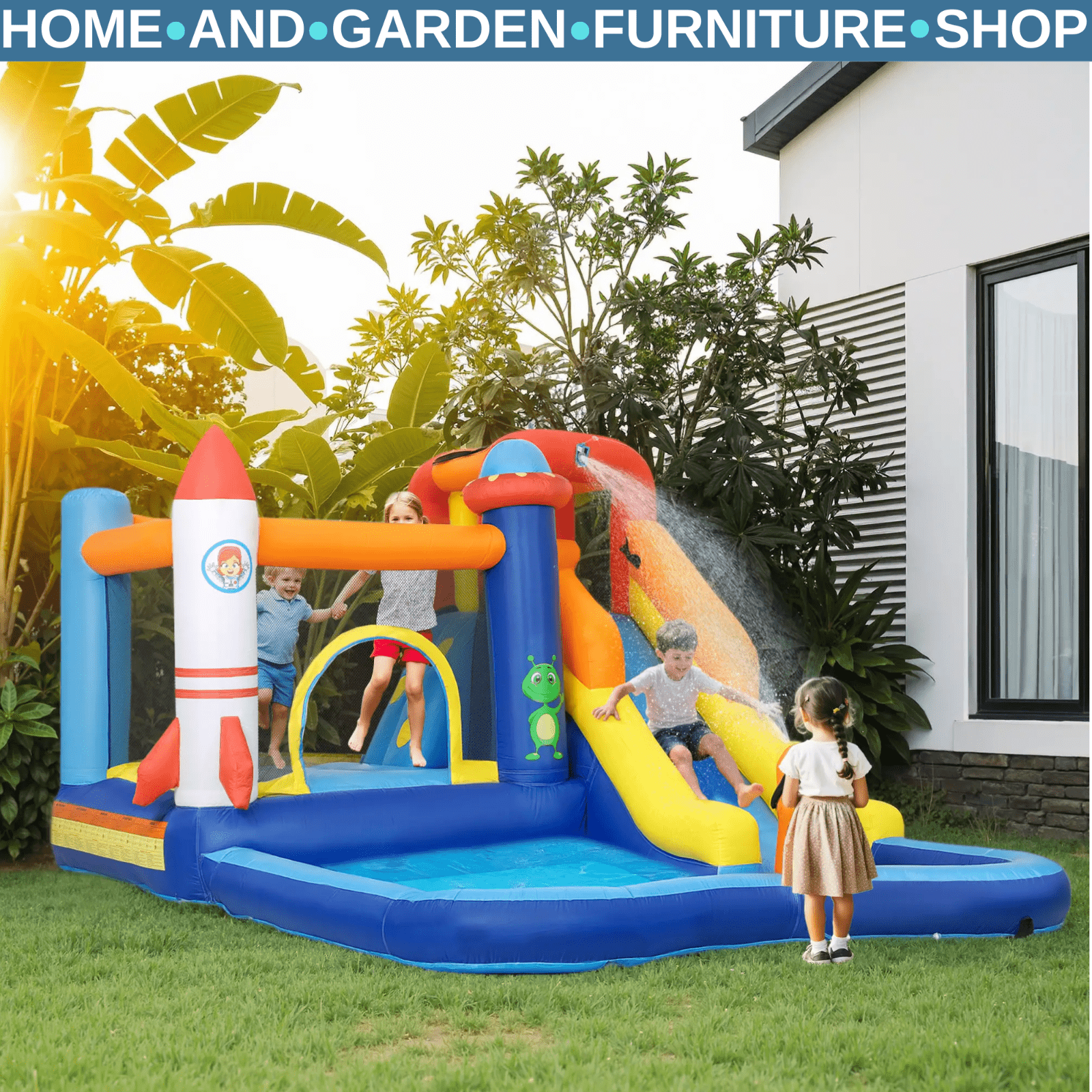 Inflatable Bouncy Trampoline Castle Tear - Resistant With Slide Pool Multi - Colour - Home and Garden Furniture Shop - rustic - furniture