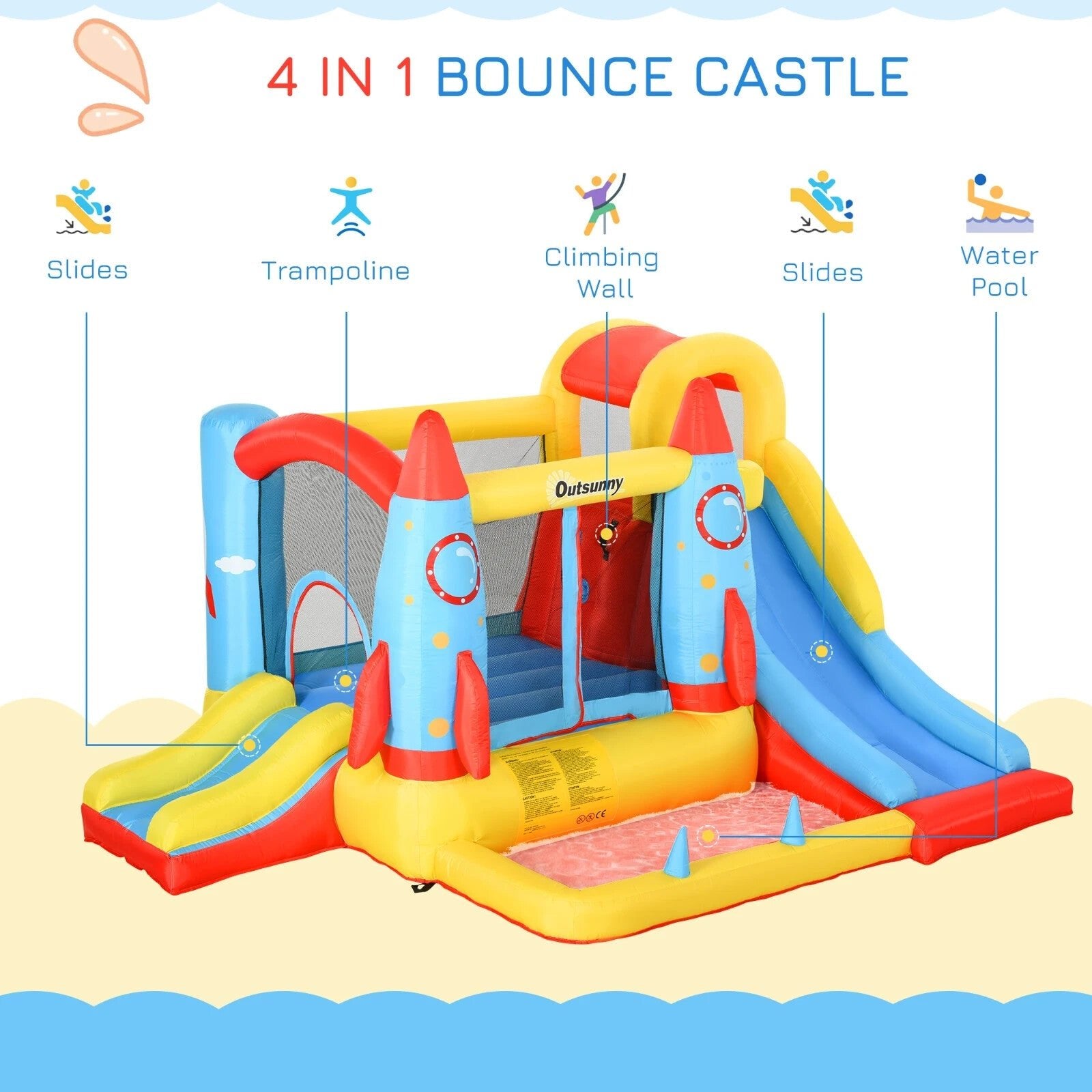 Inflatable Rocket Bounce Castle with Trampoline Slide and Pool 3.4 x 2.8 x 1.85m - Home and Garden Furniture Shop - rustic - furniture