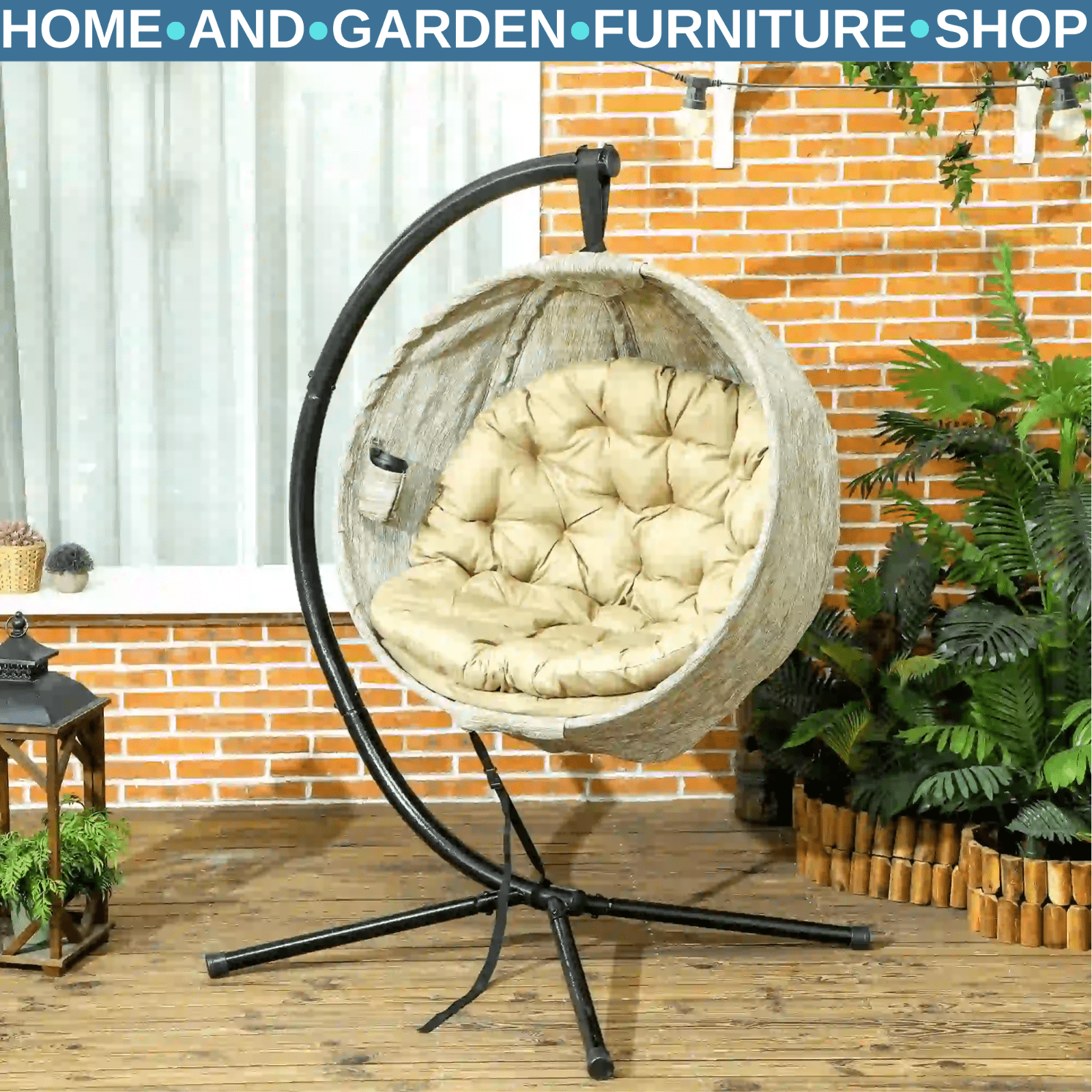 Khaki Hanging Egg Chair Outdoor Garden Conservatory Folding Basket and Cushion - Home and Garden Furniture Shop - rustic - furniture