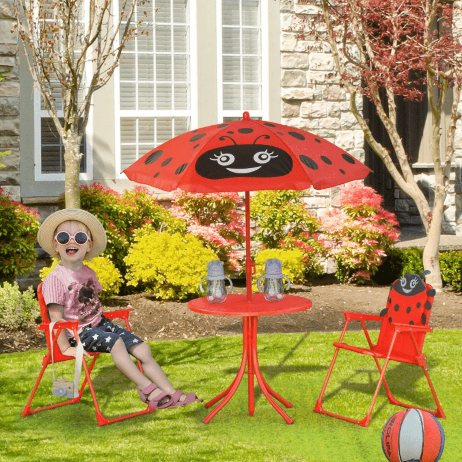 Kids Folding Picnic Table Chair Set Garden Outdoor Patio Parasol Umbrella Red - Home and Garden Furniture Shop - rustic - furniture