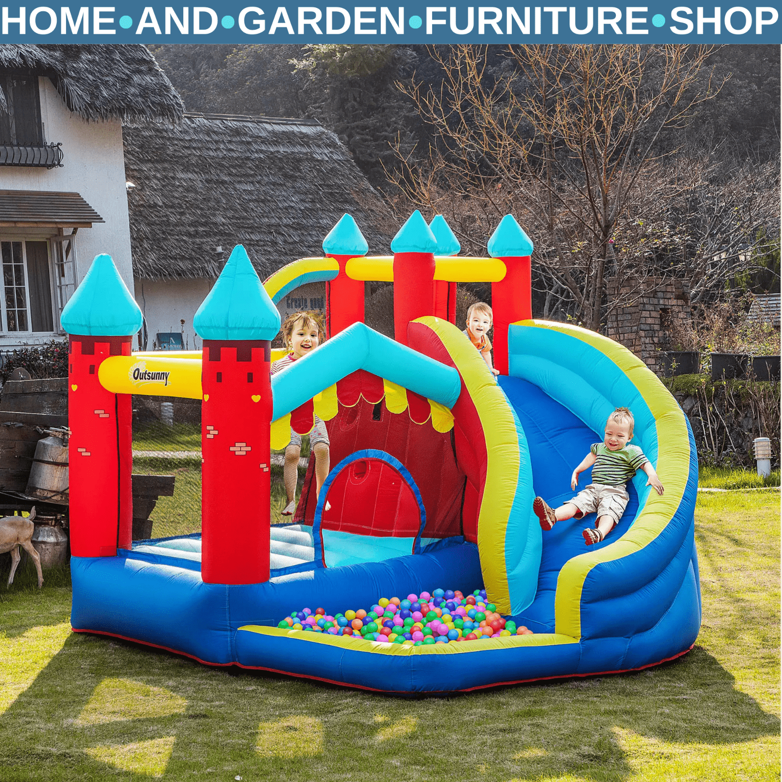 Kids Garden Inflatable Bouncy Castle Slide Trampoline Water Pool with Blower - Home and Garden Furniture Shop - rustic - furniture