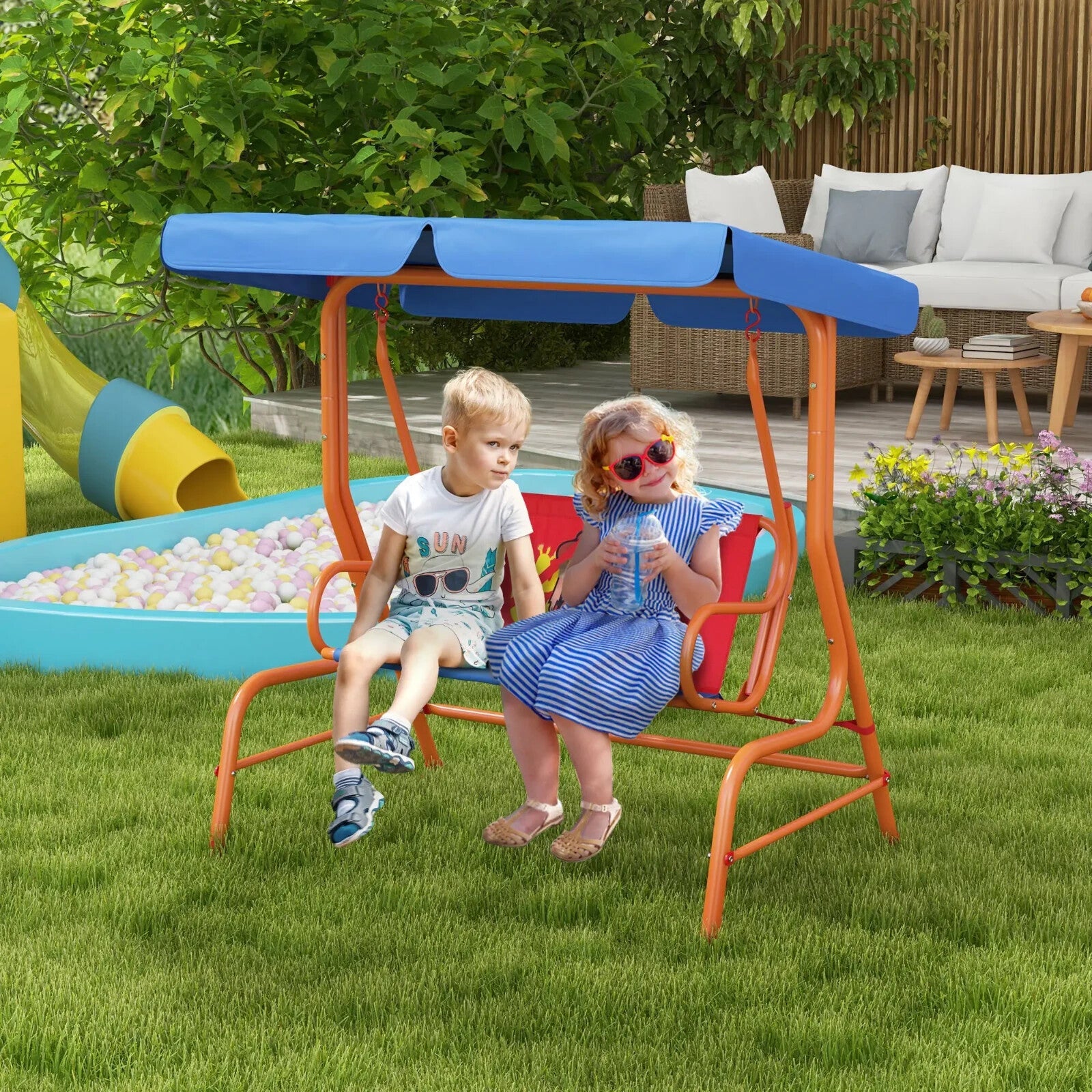 Kids Garden Swing Bench with Adjustable Canopy Safety Belts Cowboy Themed Chair - Home and Garden Furniture Shop - rustic - furniture