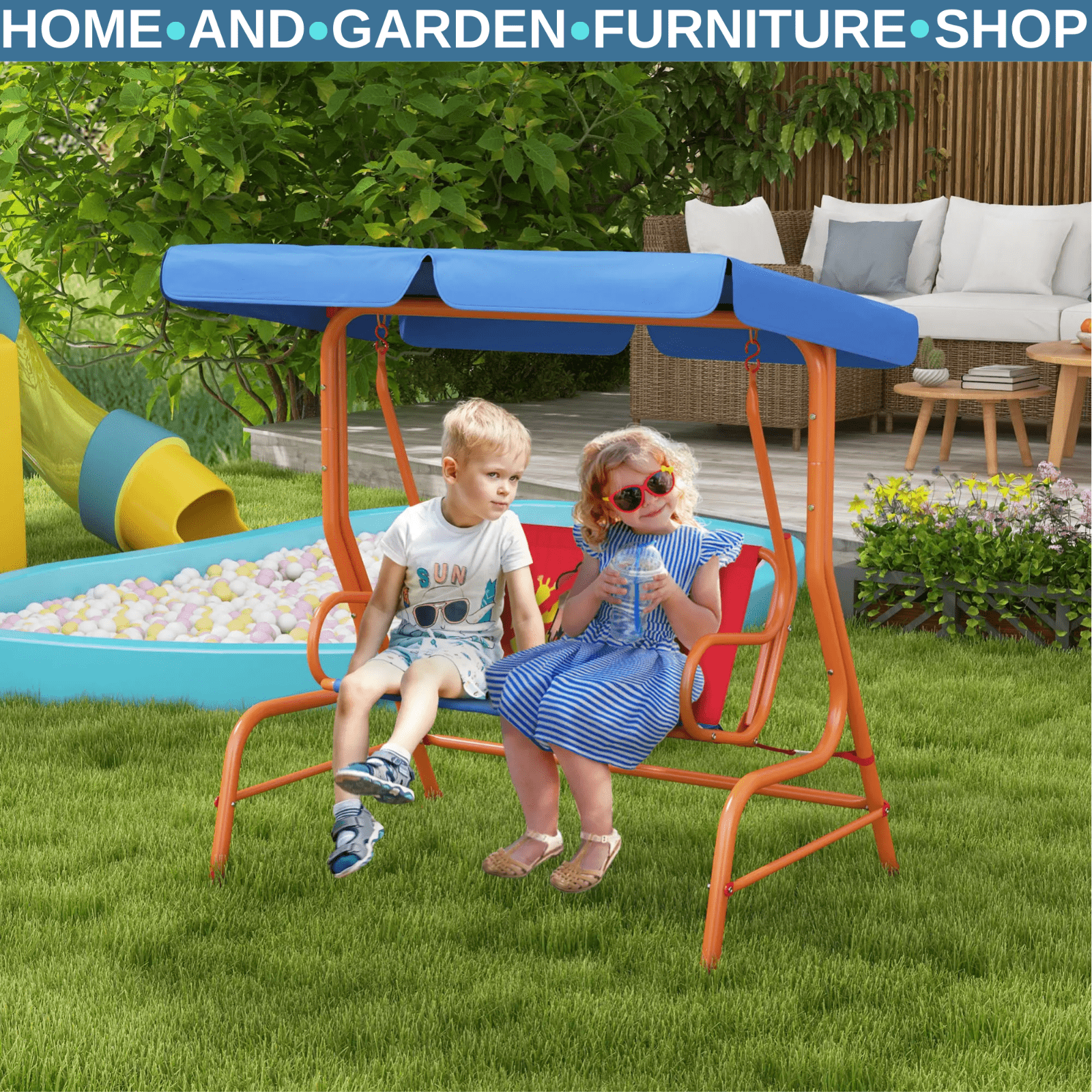 Kids Garden Swing Bench with Adjustable Canopy Safety Belts Cowboy Themed Chair - Home and Garden Furniture Shop - rustic - furniture