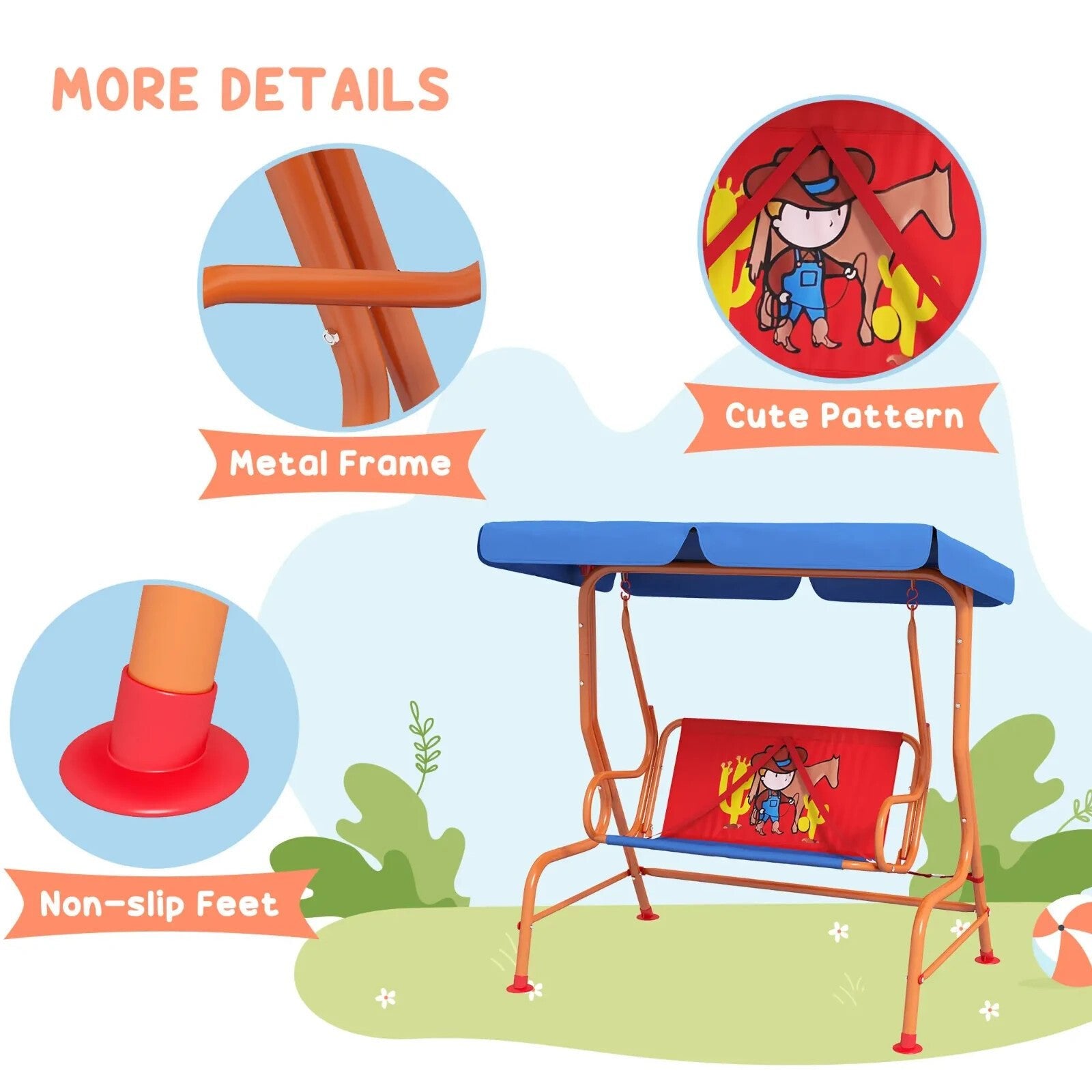 Kids Garden Swing Bench with Adjustable Canopy Safety Belts Cowboy Themed Chair - Home and Garden Furniture Shop - rustic - furniture