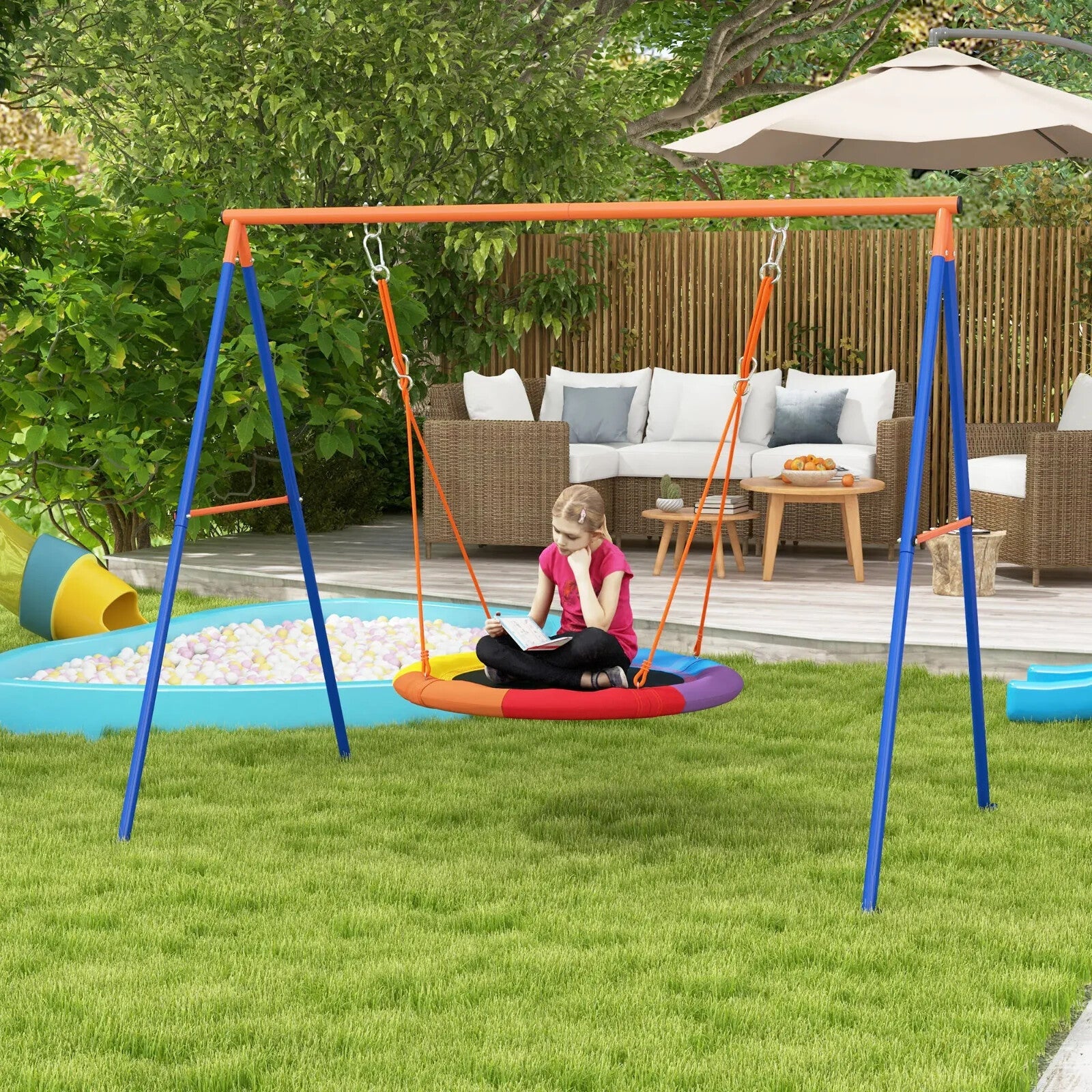 Kids Nest Swing Seat with A - Frame Structure Outdoor Play Equipment Multicoloured - Home and Garden Furniture Shop - rustic - furniture