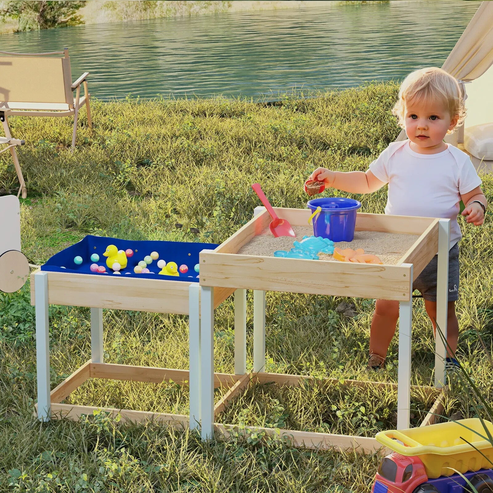 Kids Sand pit Set 2 - Piece Play Tables with Bottom Liner Natural Wood Finish - Home and Garden Furniture Shop - rustic - furniture