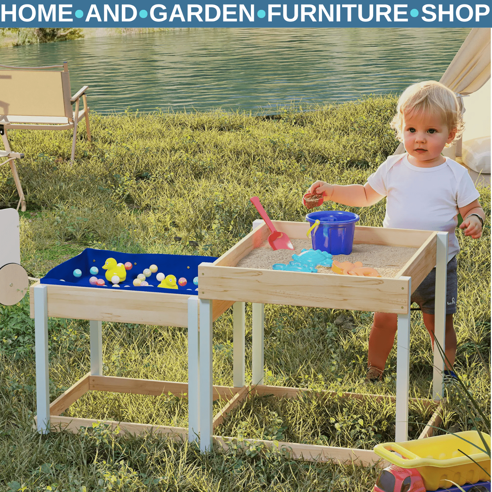 Kids Sand pit Set 2 - Piece Play Tables with Bottom Liner Natural Wood Finish - Home and Garden Furniture Shop - rustic - furniture