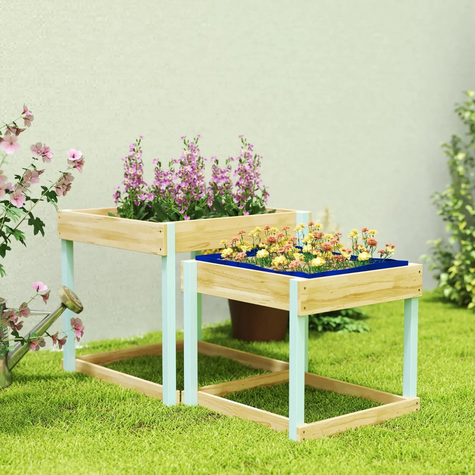 Kids Sand pit Set 2 - Piece Play Tables with Bottom Liner Natural Wood Finish - Home and Garden Furniture Shop - rustic - furniture