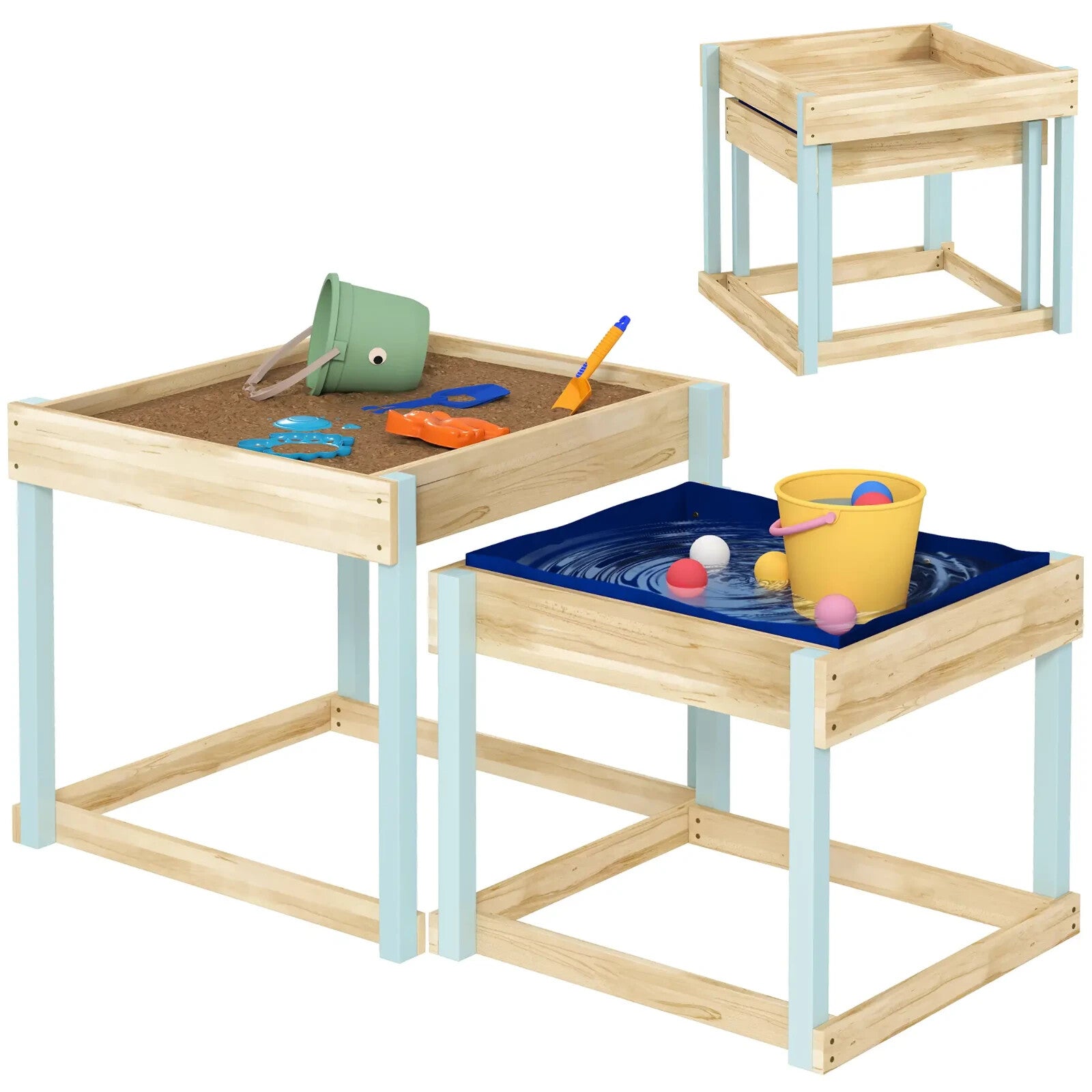 Kids Sand pit Set 2 - Piece Play Tables with Bottom Liner Natural Wood Finish - Home and Garden Furniture Shop - rustic - furniture