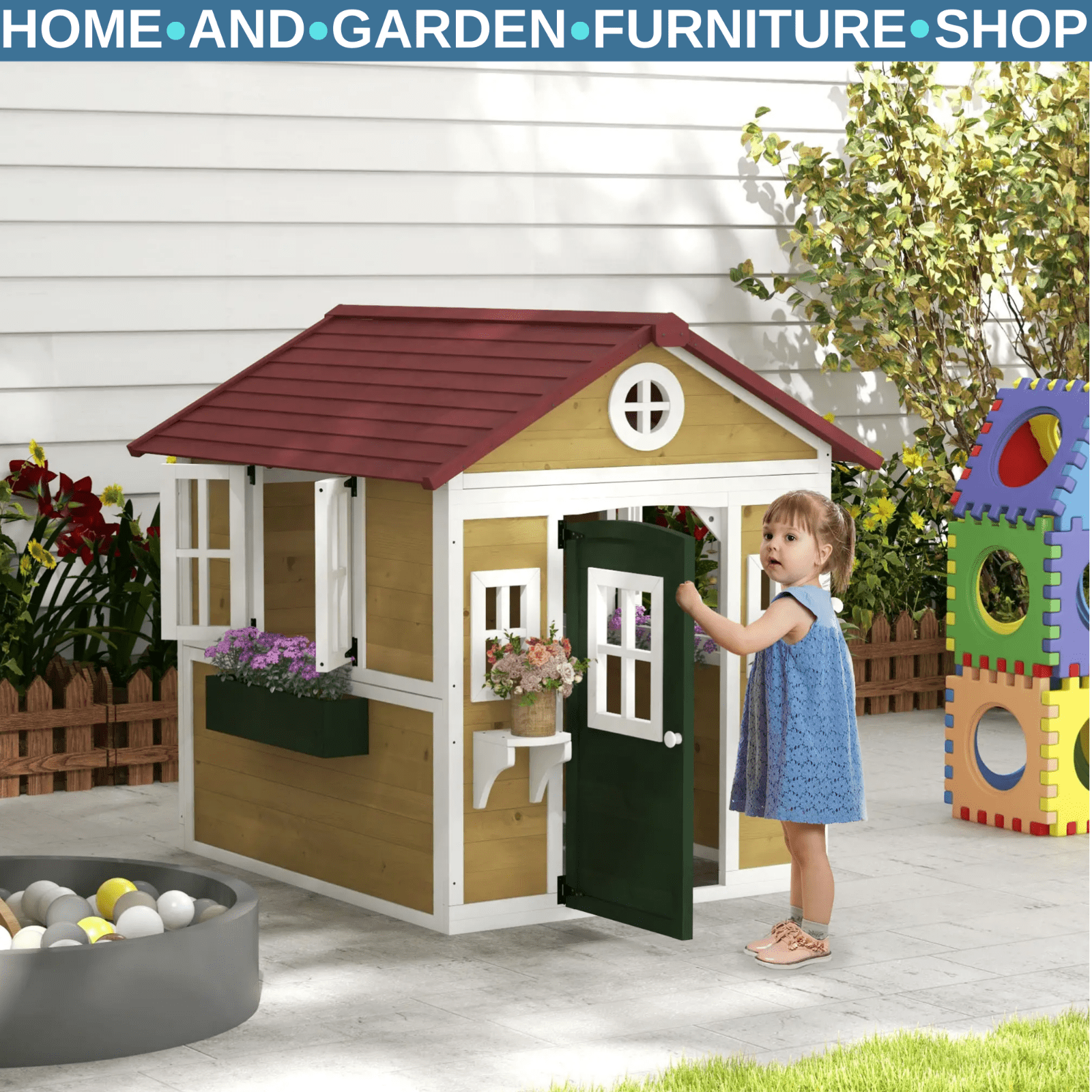 Kids Wooden Playhouse Childrens Wood Wendy House Roof Doors Windows Plant Pots - Home and Garden Furniture Shop - rustic - furniture