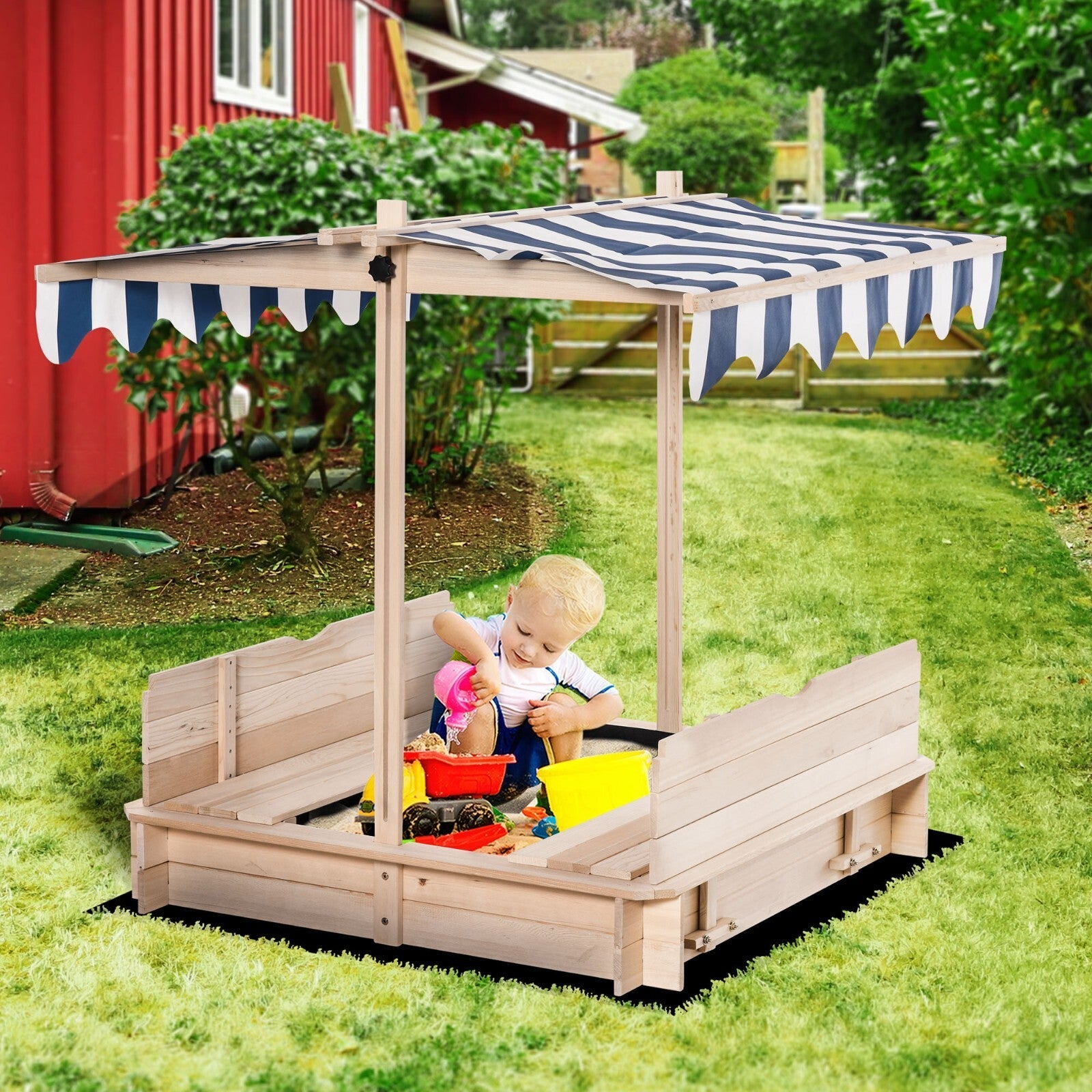 Kids Wooden Square Sandpit with Cabana Roof Sandbox Backyard Garden Playset - Home and Garden Furniture Shop - rustic - furniture