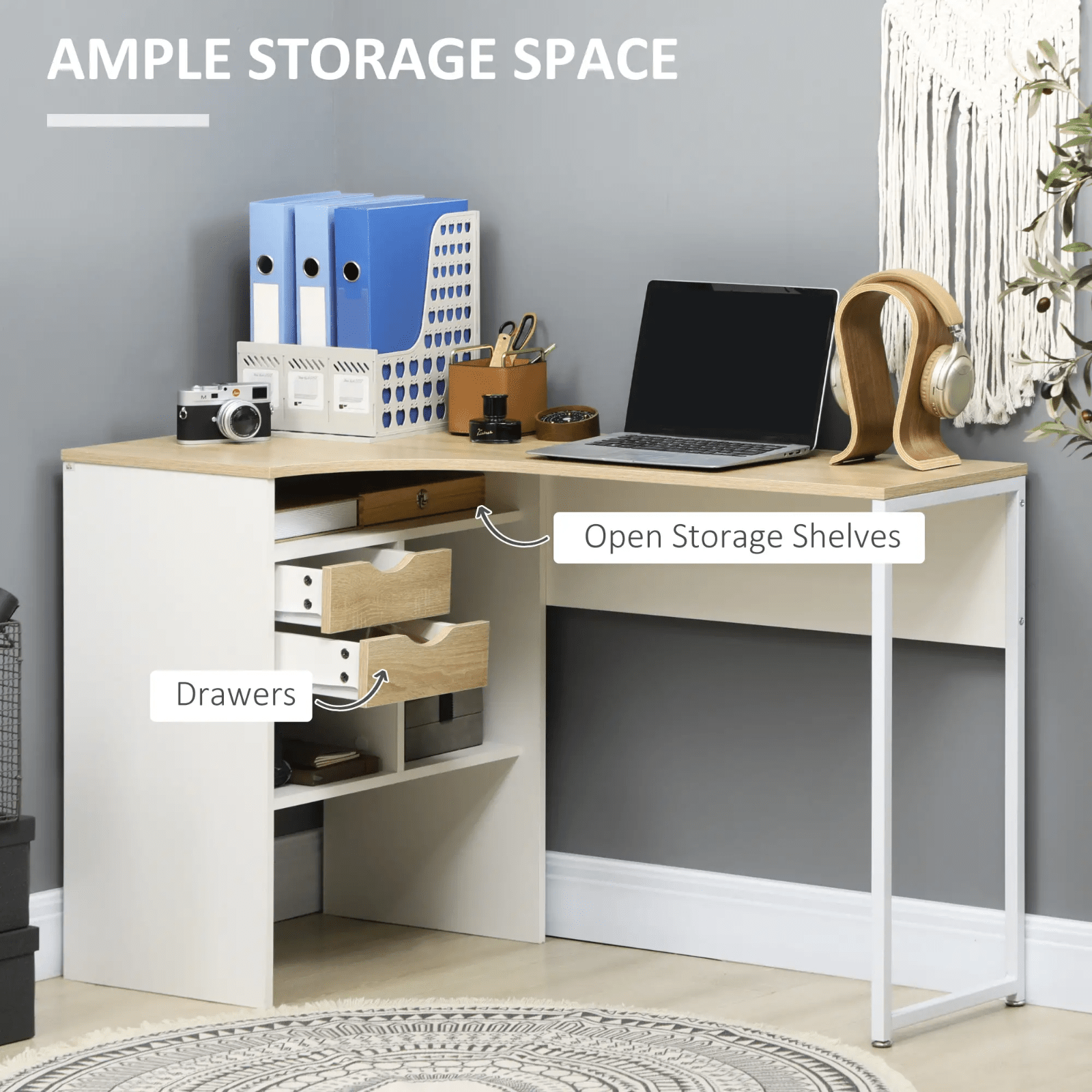 L Shaped Computer Desk with Drawers Corner Study Writing Table Storage Shelf Oak - Home and Garden Furniture Shop - #rustic - furniture#