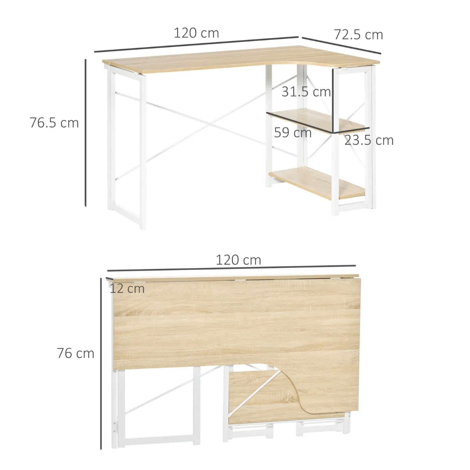 L Shaped Folding Desk Corner Computer Desk Shelves Space Saving Home Office Oak - Home and Garden Furniture Shop - #rustic - furniture#