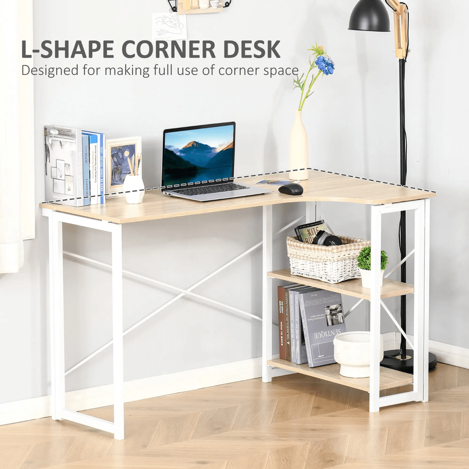 L Shaped Folding Desk Corner Computer Desk Shelves Space Saving Home Office Oak - Home and Garden Furniture Shop - #rustic - furniture#